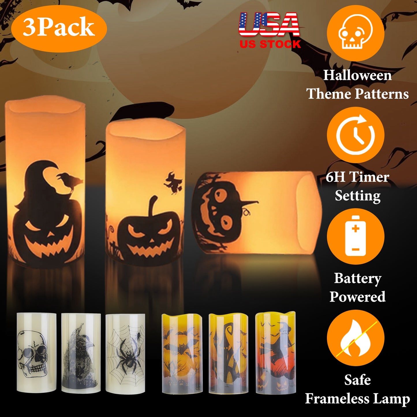 Flameless Halloween Candles with Timer - 3 Pack LED Battery Operated