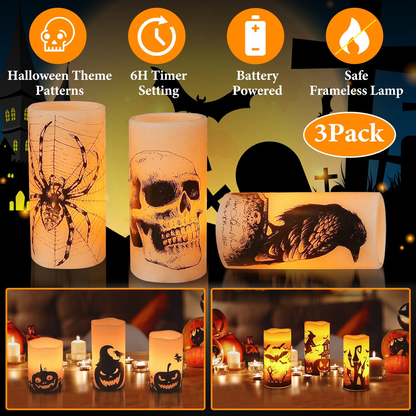 Flameless Halloween Candles with Timer - 3 Pack LED Battery Operated