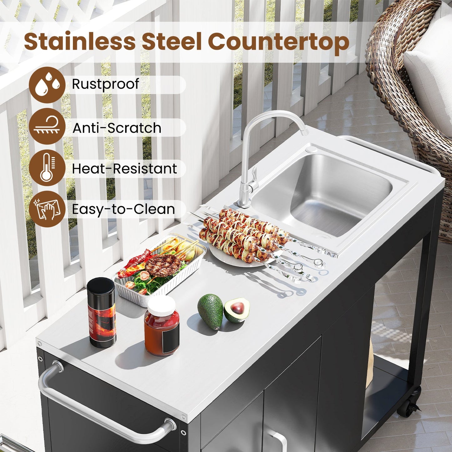 56 Inches Outdoor Grill Table with Sink and Stainless Steel Top-Black