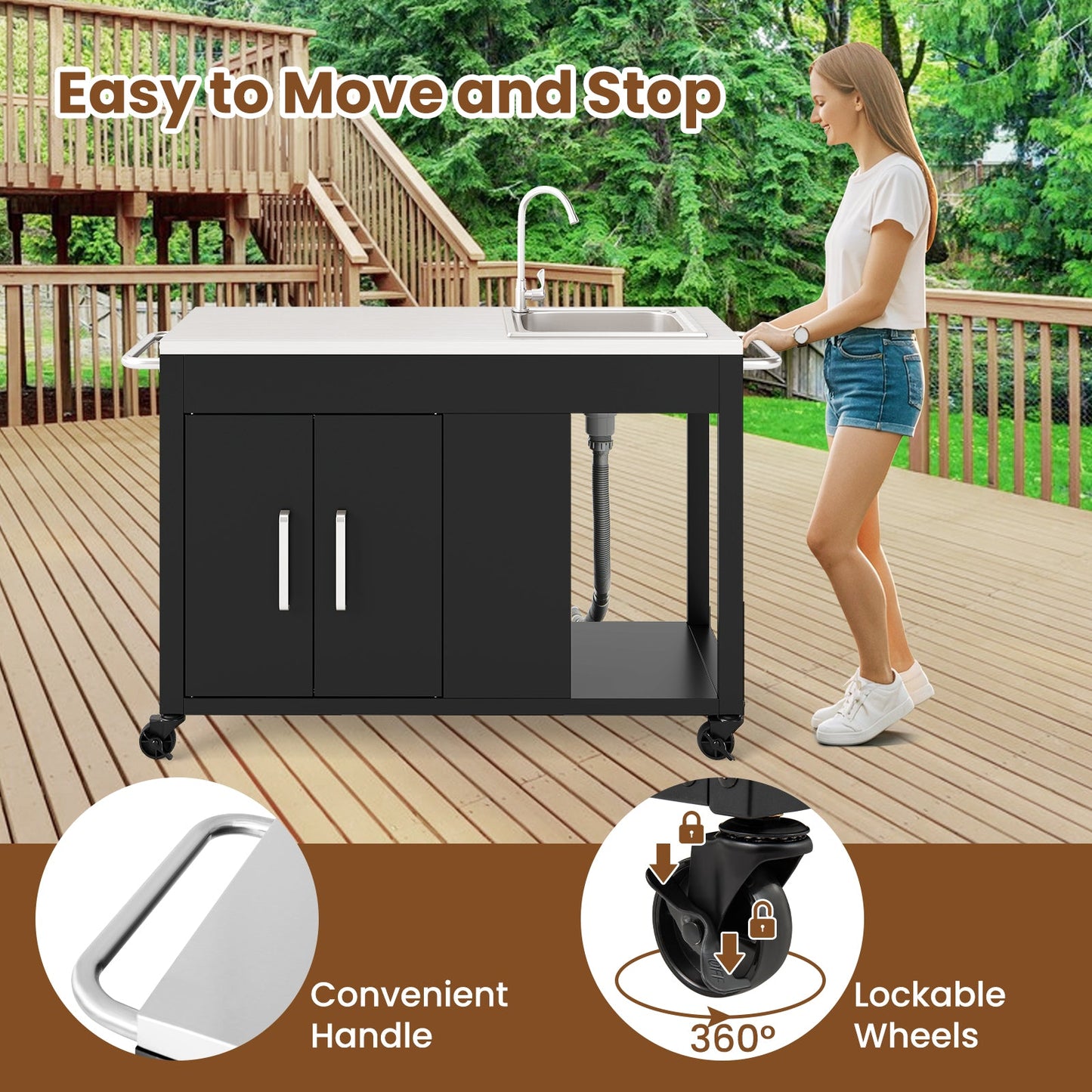 56 Inches Outdoor Grill Table with Sink and Stainless Steel Top-Black