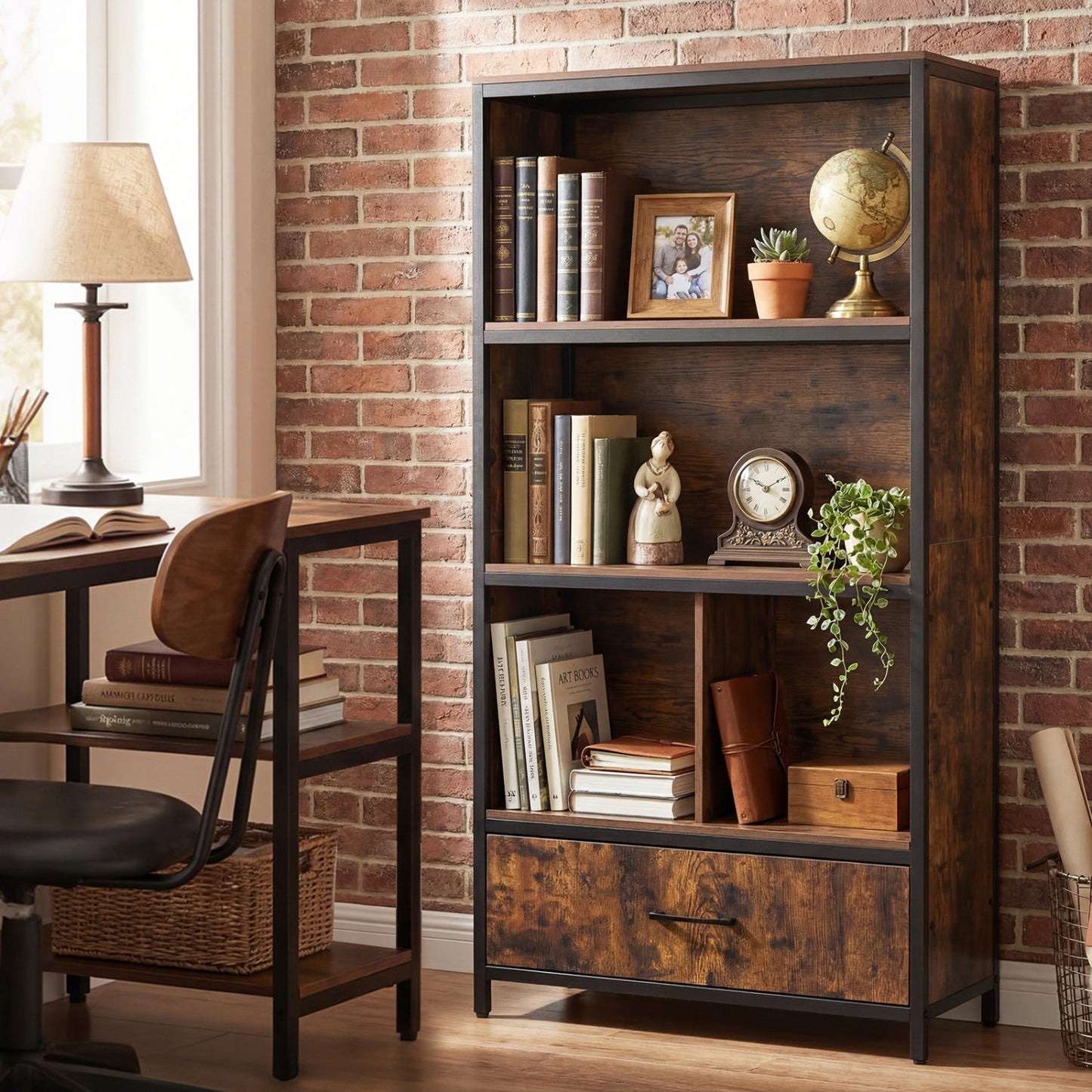 56" Tall Freestanding Bookcase with Drawer 5 Tier