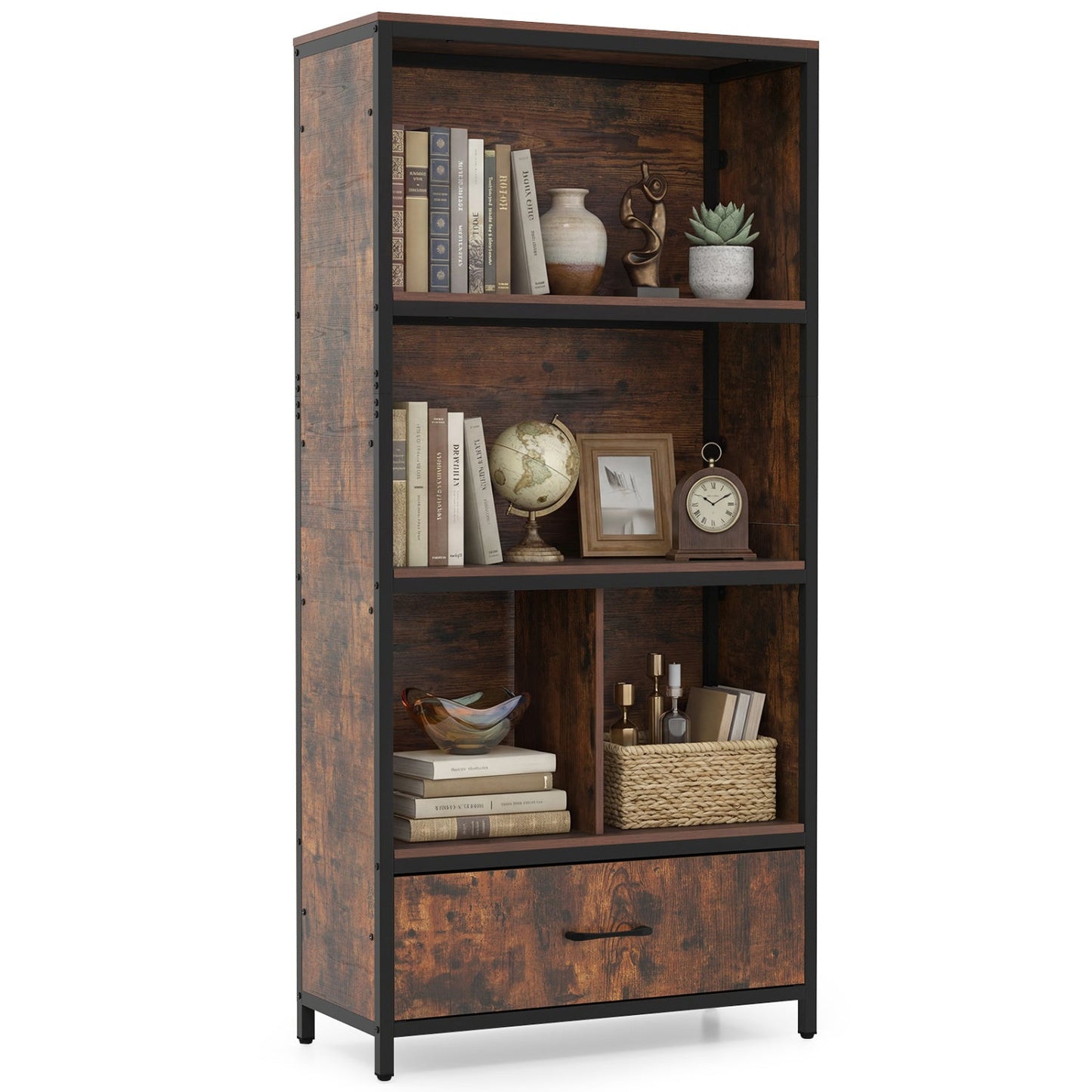 56" Tall Freestanding Bookcase with Drawer 5 Tier