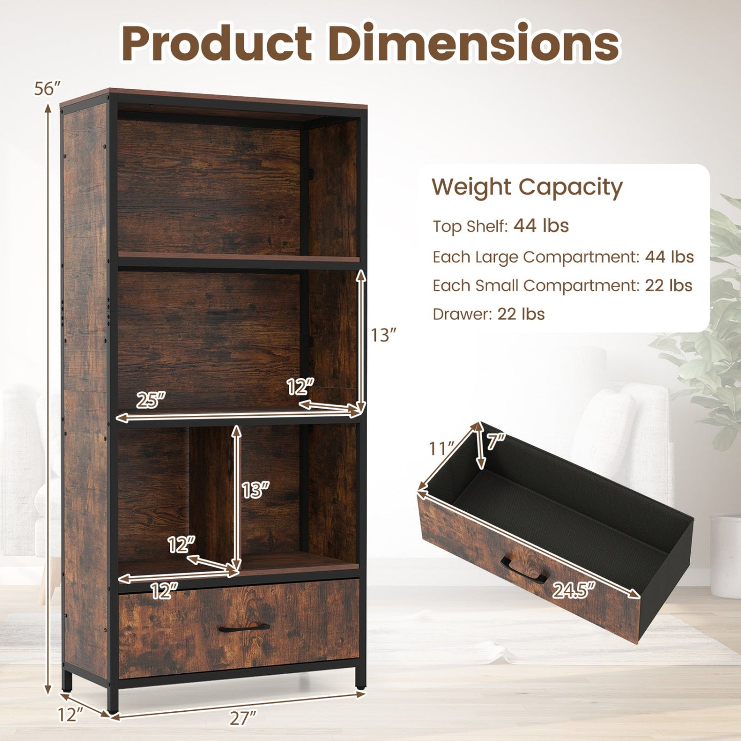 56" Tall Freestanding Bookcase with Drawer 5 Tier