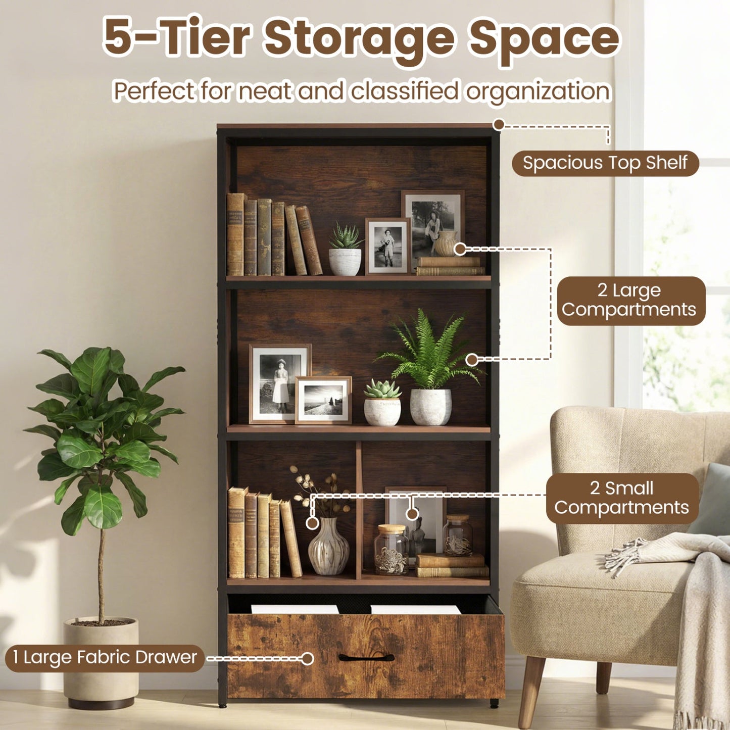 56" Tall Freestanding Bookcase with Drawer 5 Tier