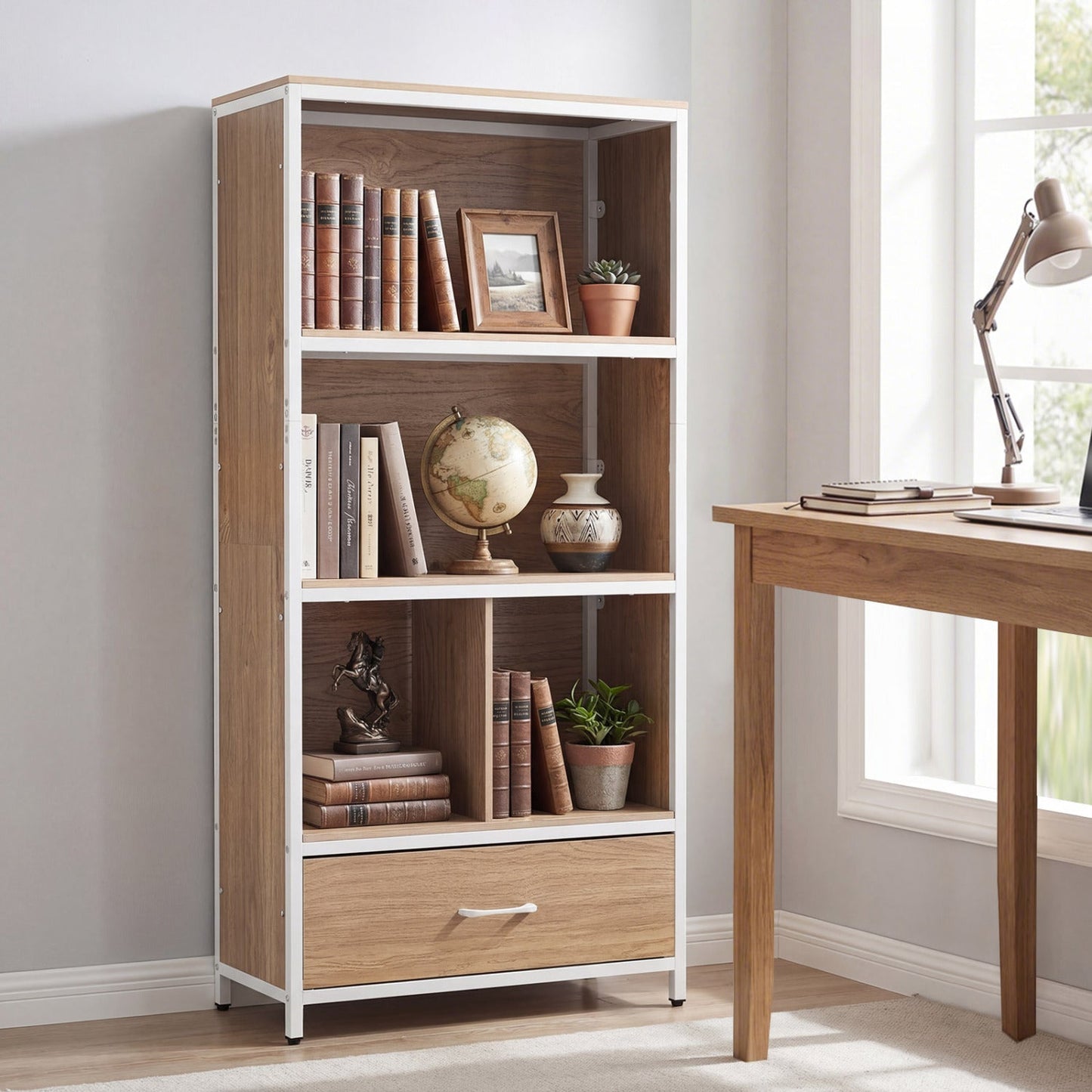56" Tall Freestanding Bookcase with Drawer 5 Tier