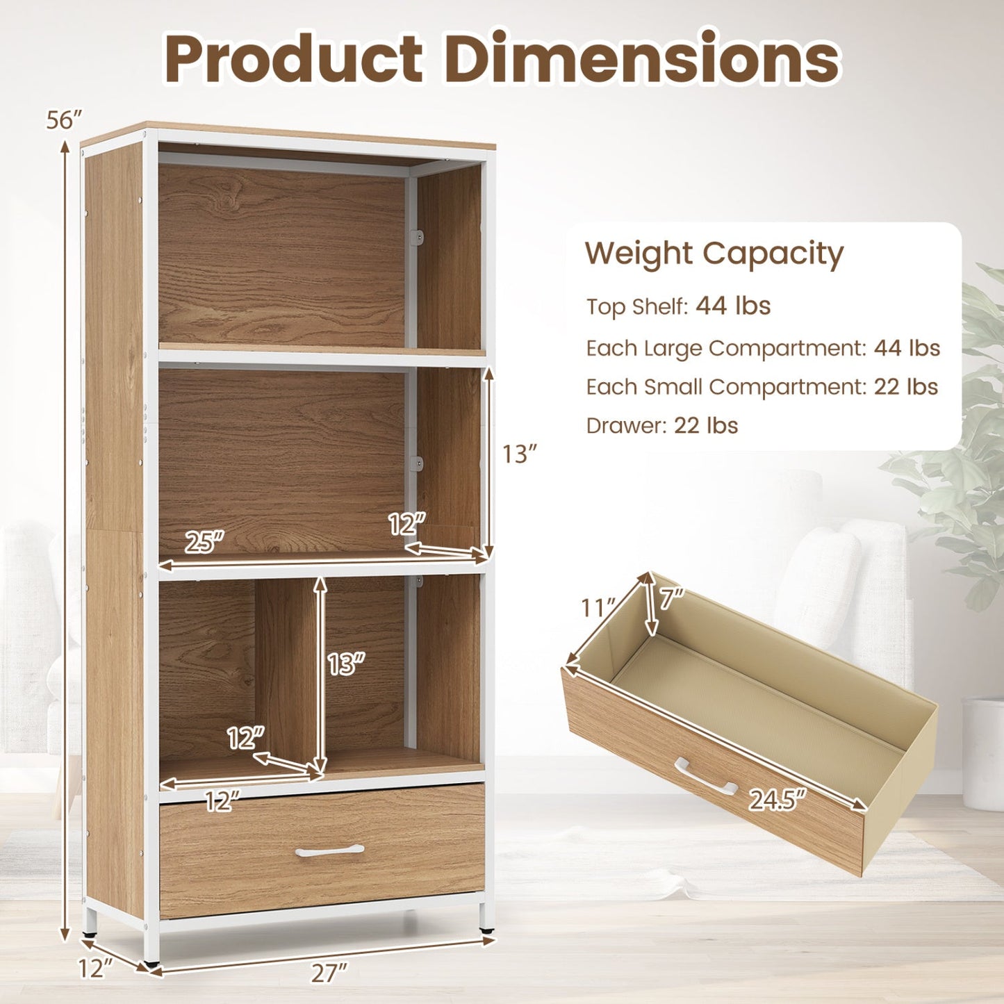 56" Tall Freestanding Bookcase with Drawer 5 Tier