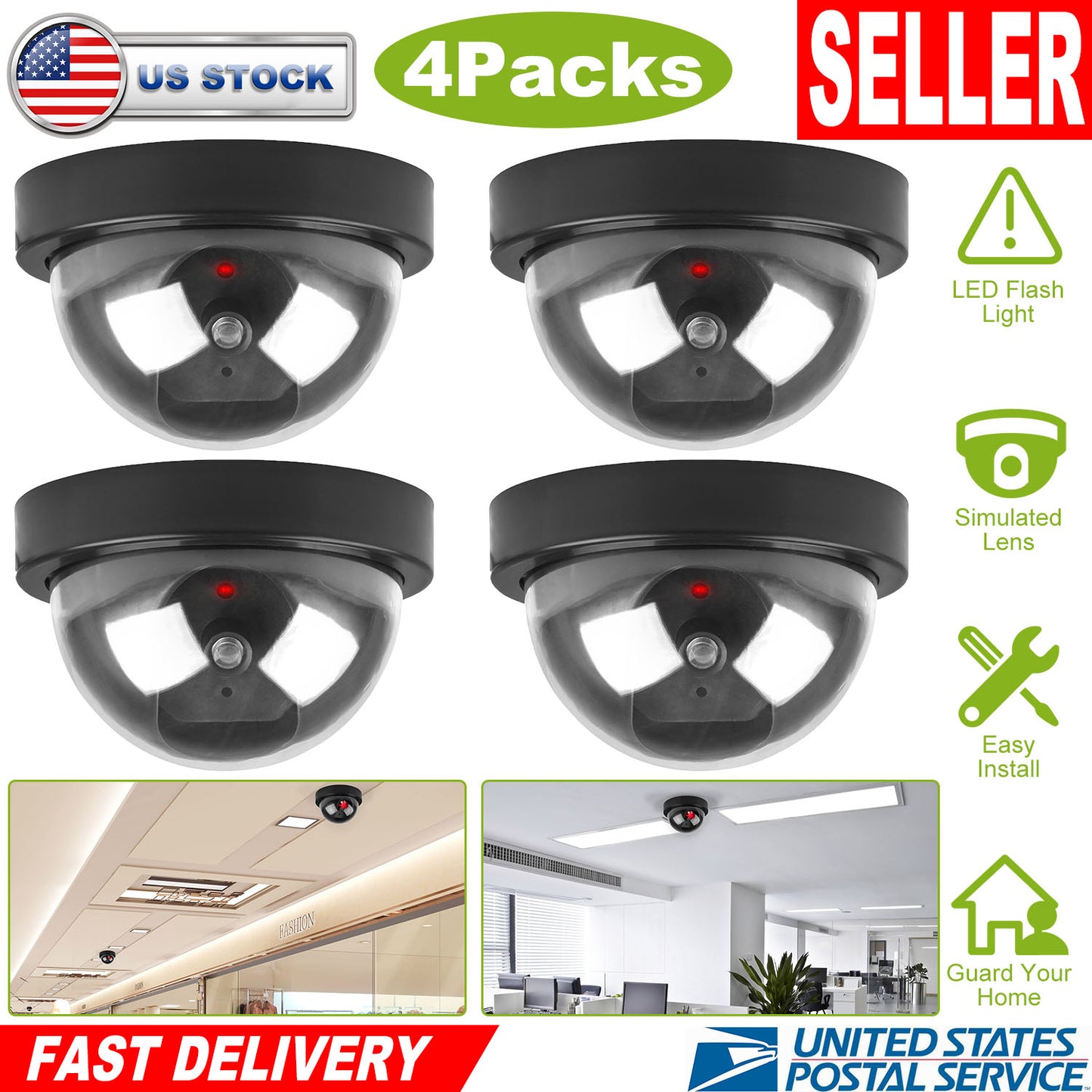 Dummy Security Camera Dome with Flashing LED Light (4-Pack)