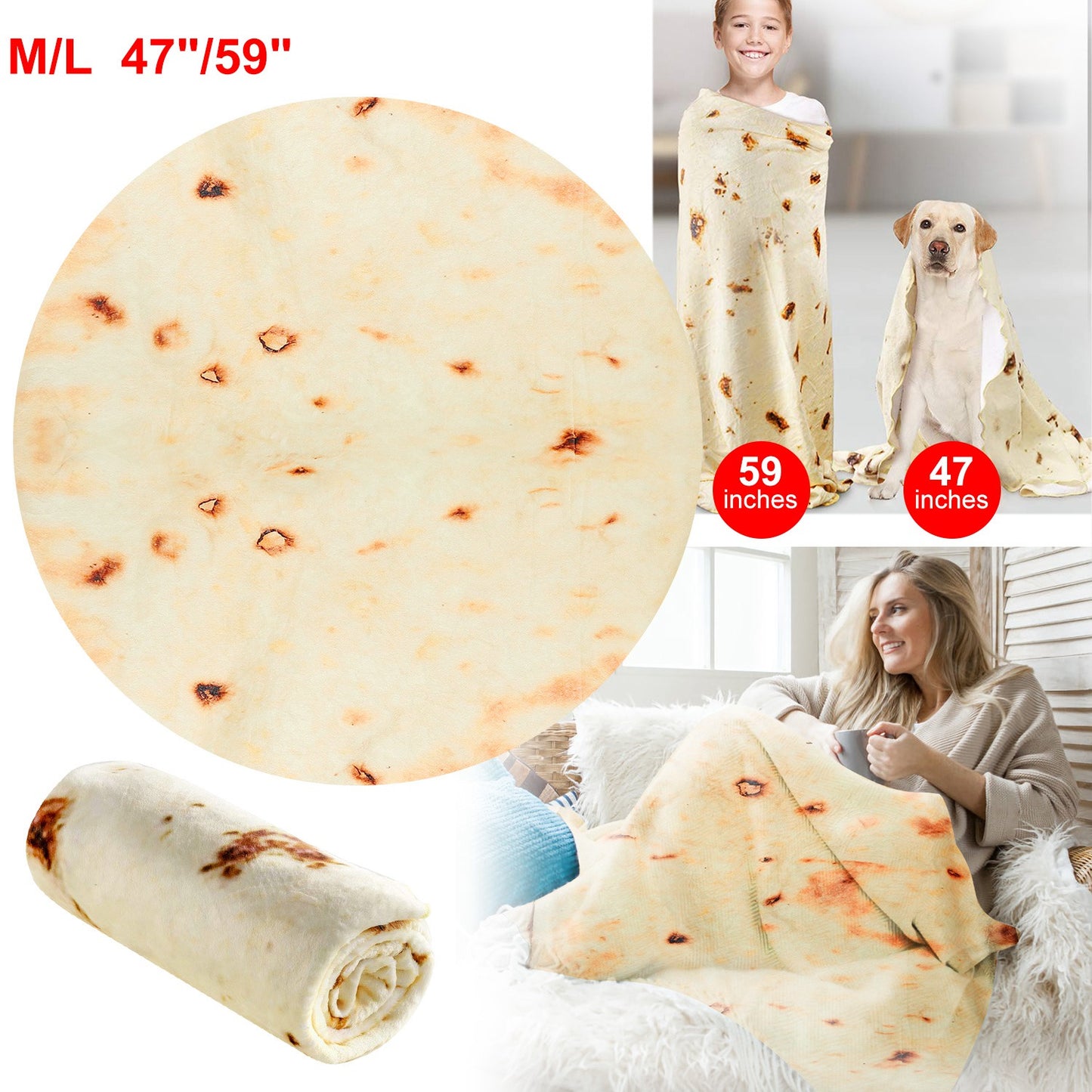 Burrito Tortilla Novelty Throw Blanket - Soft Flannel Round Wrap
