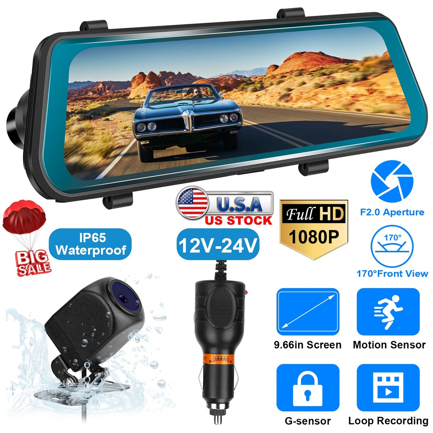 Dual Dash Camera 9.66" FHD 1080P Front & Rear with Night Vision