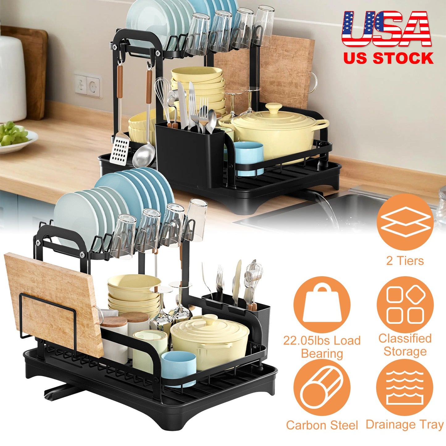 2-Tier Dish Drying Rack with Drainboard and Utensil Holder