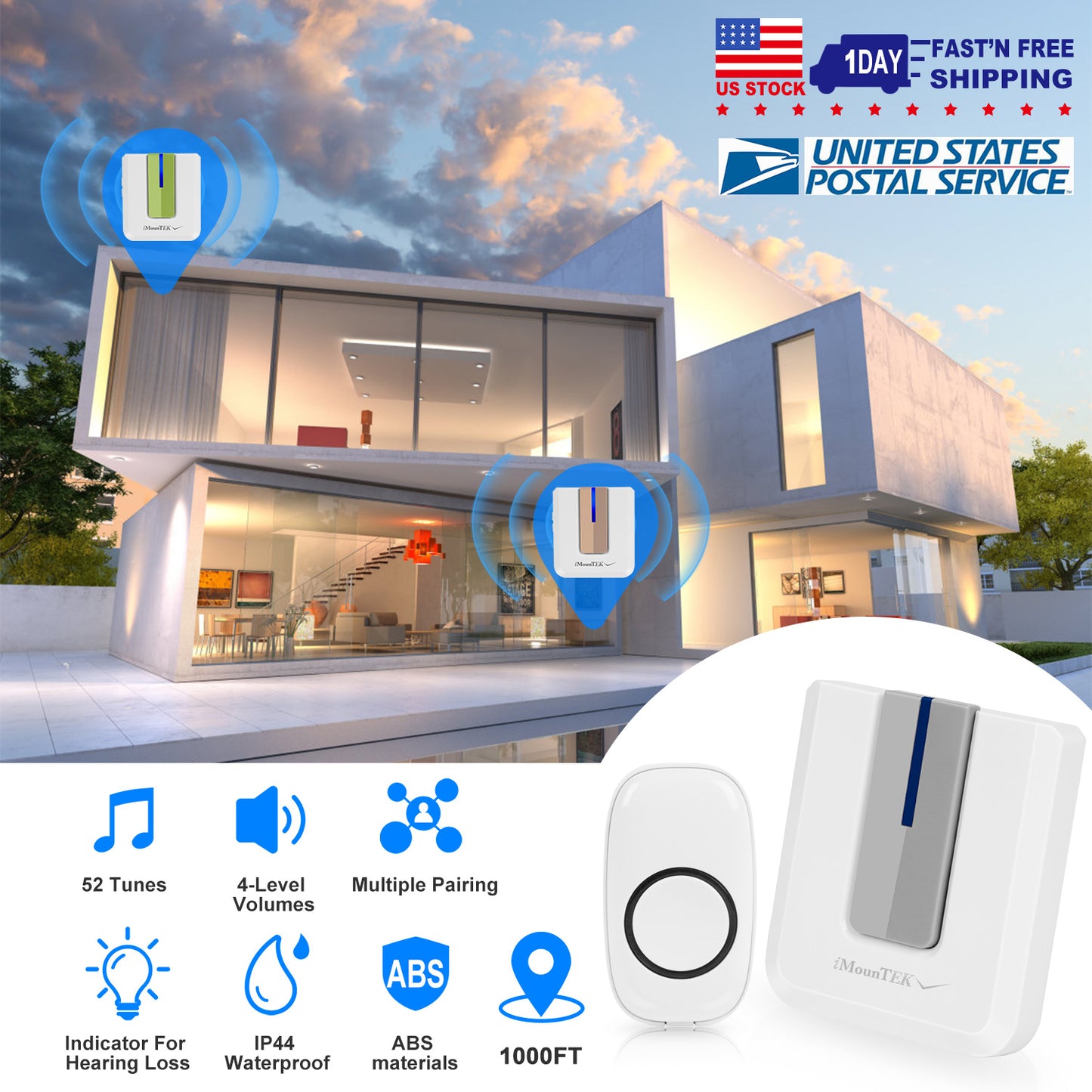 Wireless Doorbell with 1000FT Range & 52 Chimes