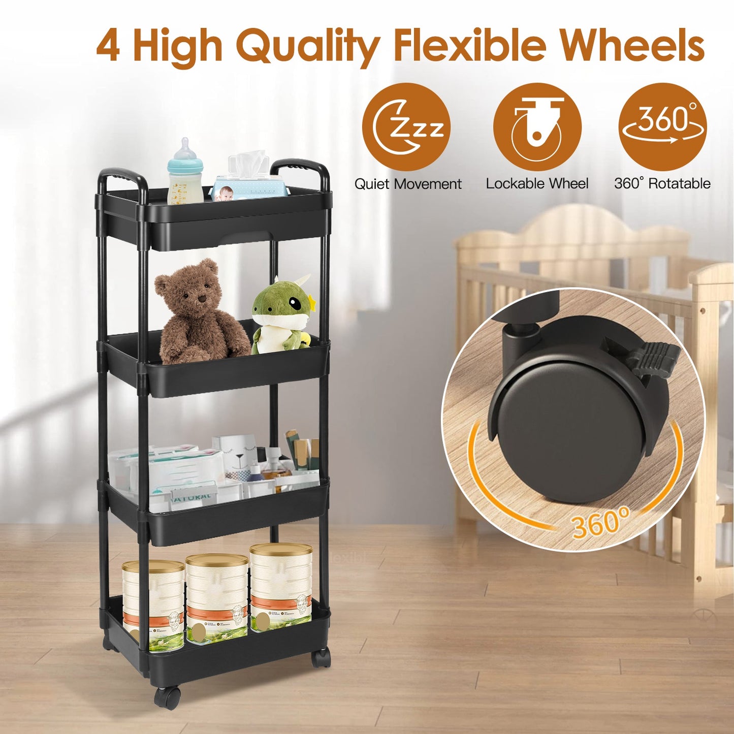 3-Tier Rolling Utility Cart with Drawer and Lockable Wheels