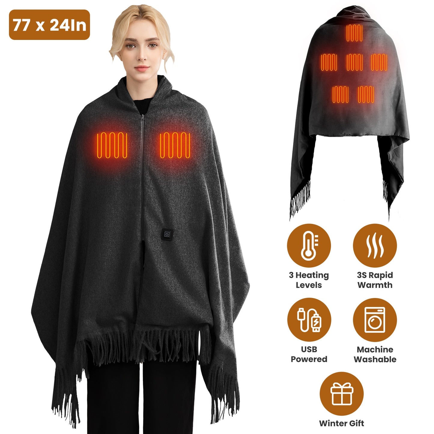 USB Heated Shawl with 3 Temperature Levels and Zipper