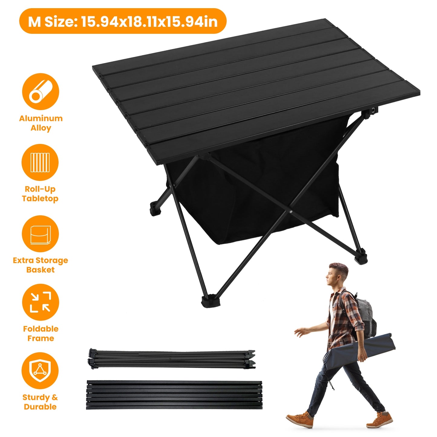 Foldable Camping Table with Storage Basket and Carrying Bag