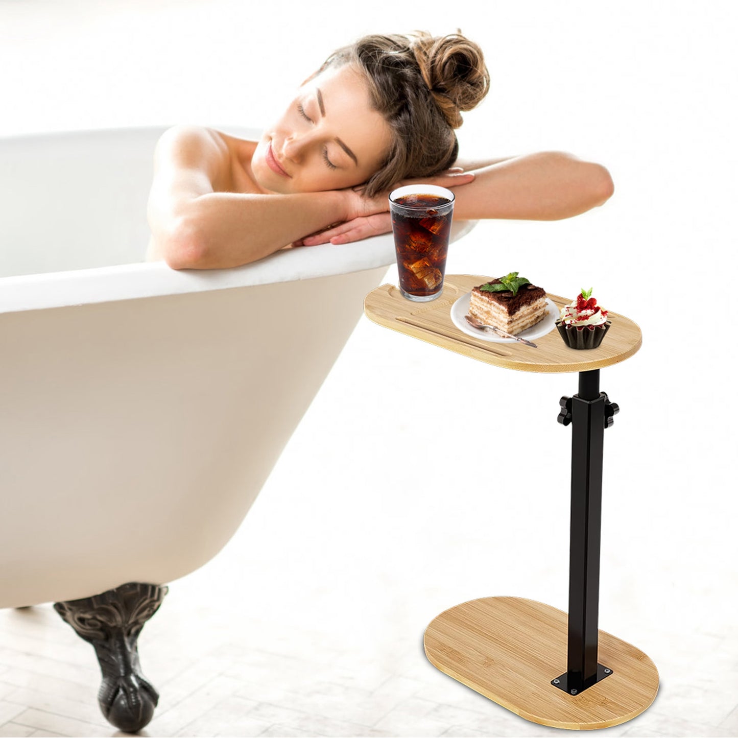 Adjustable C-Shaped Bathtub Tray Table with 360° Rotation