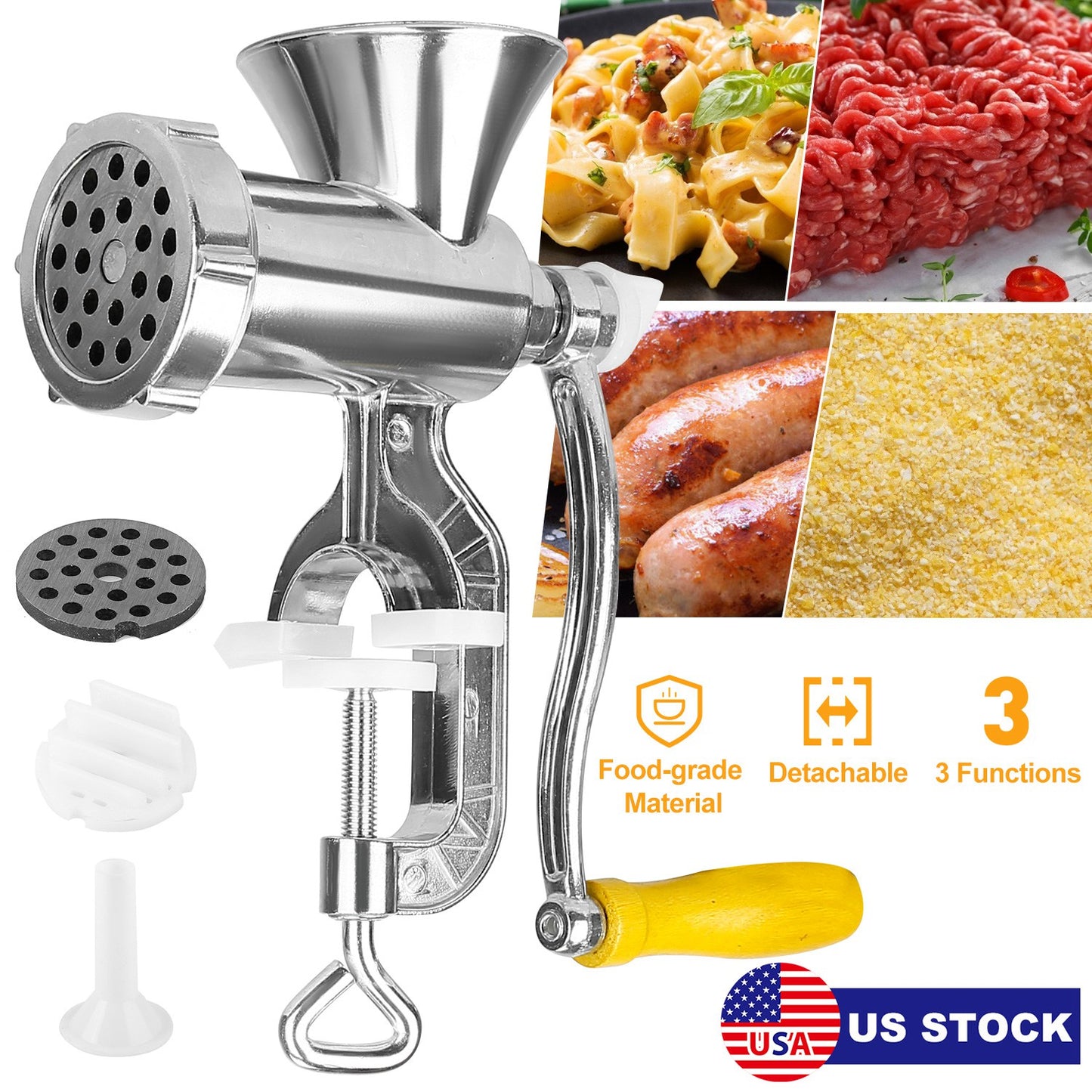 Manual Meat Grinder with Sausage & Noodle Attachments