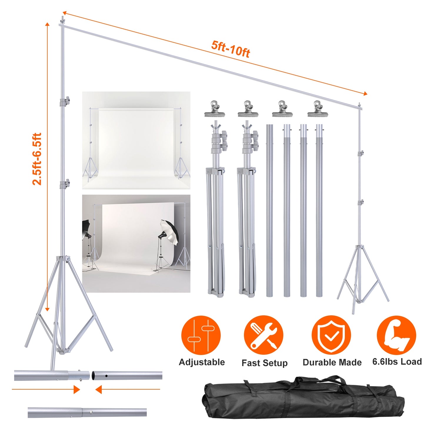 Backdrop Stand 6.5x10ft Adjustable Photography Support System
