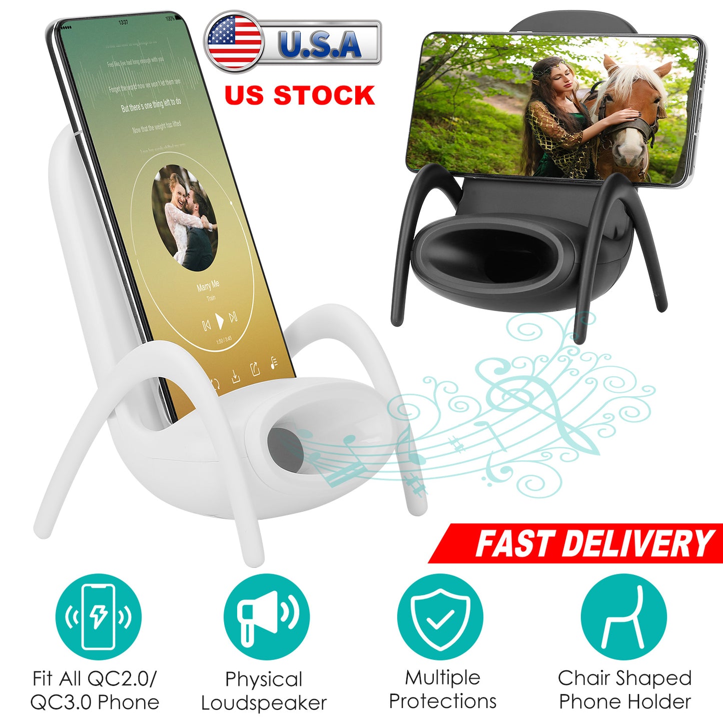 Wireless Charger Phone Stand with Speaker - Mini Chair Design
