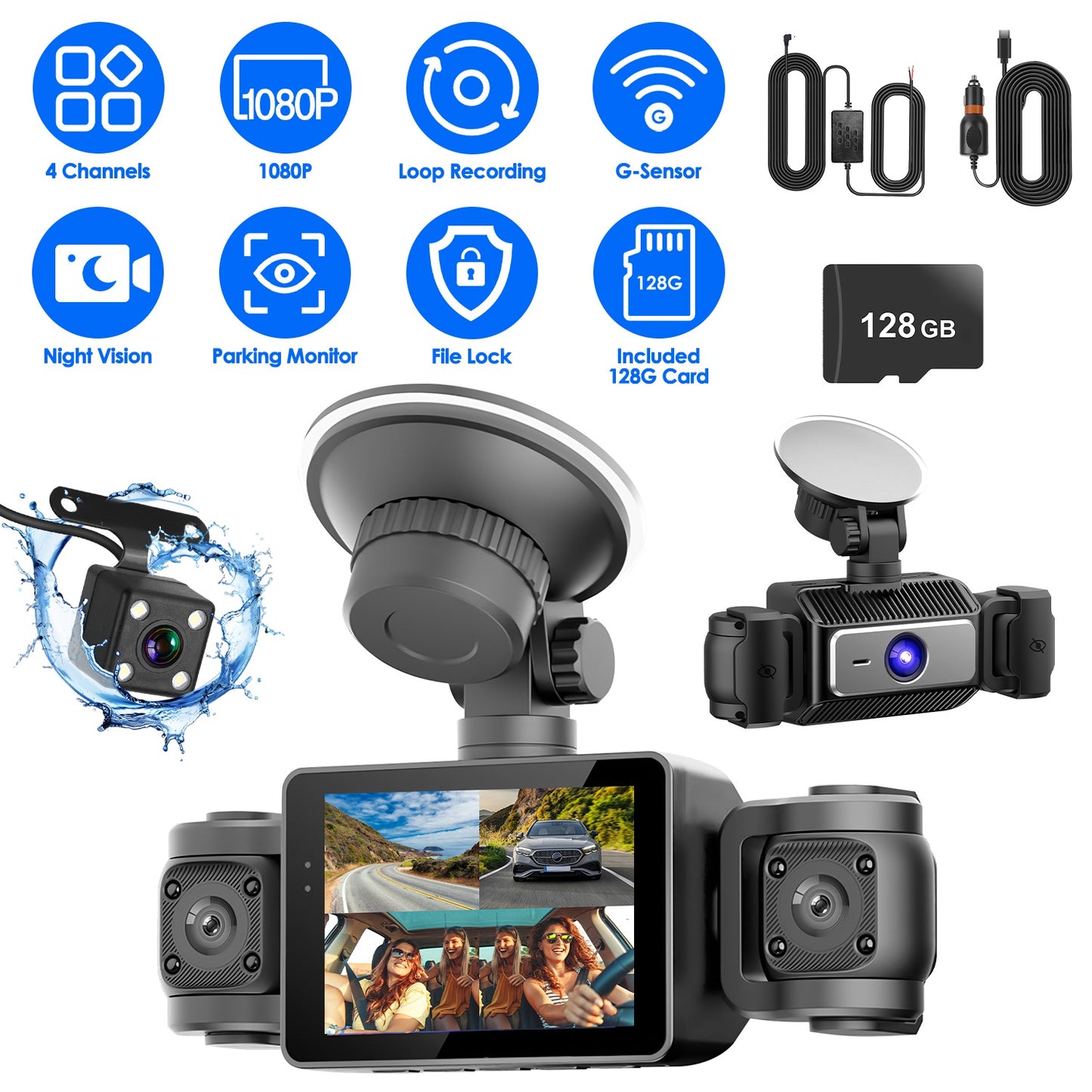 4 Channel Dash Cam with 360° Coverage & 128GB Card