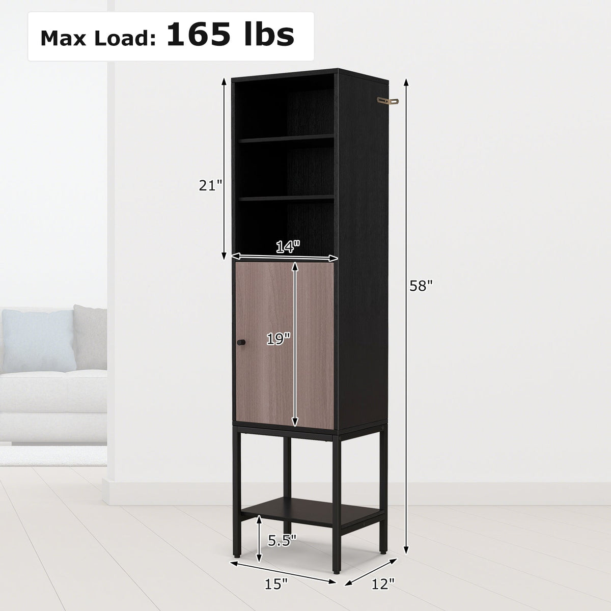 57 Inch Bathroom Tall Cabinet with 1 Door and 4 Shelves Narrow Storage Unit