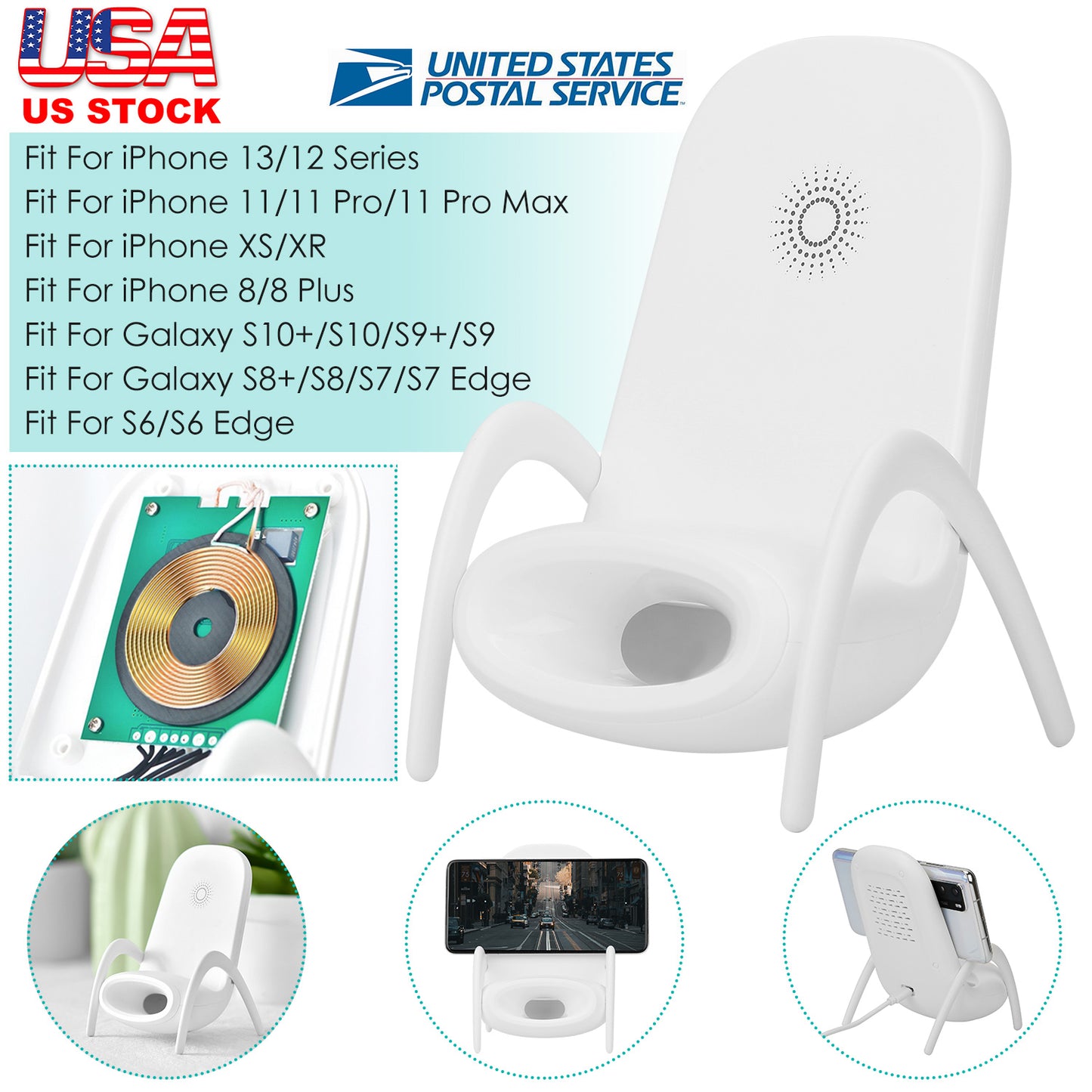 Wireless Charger Phone Stand with Speaker - Mini Chair Design