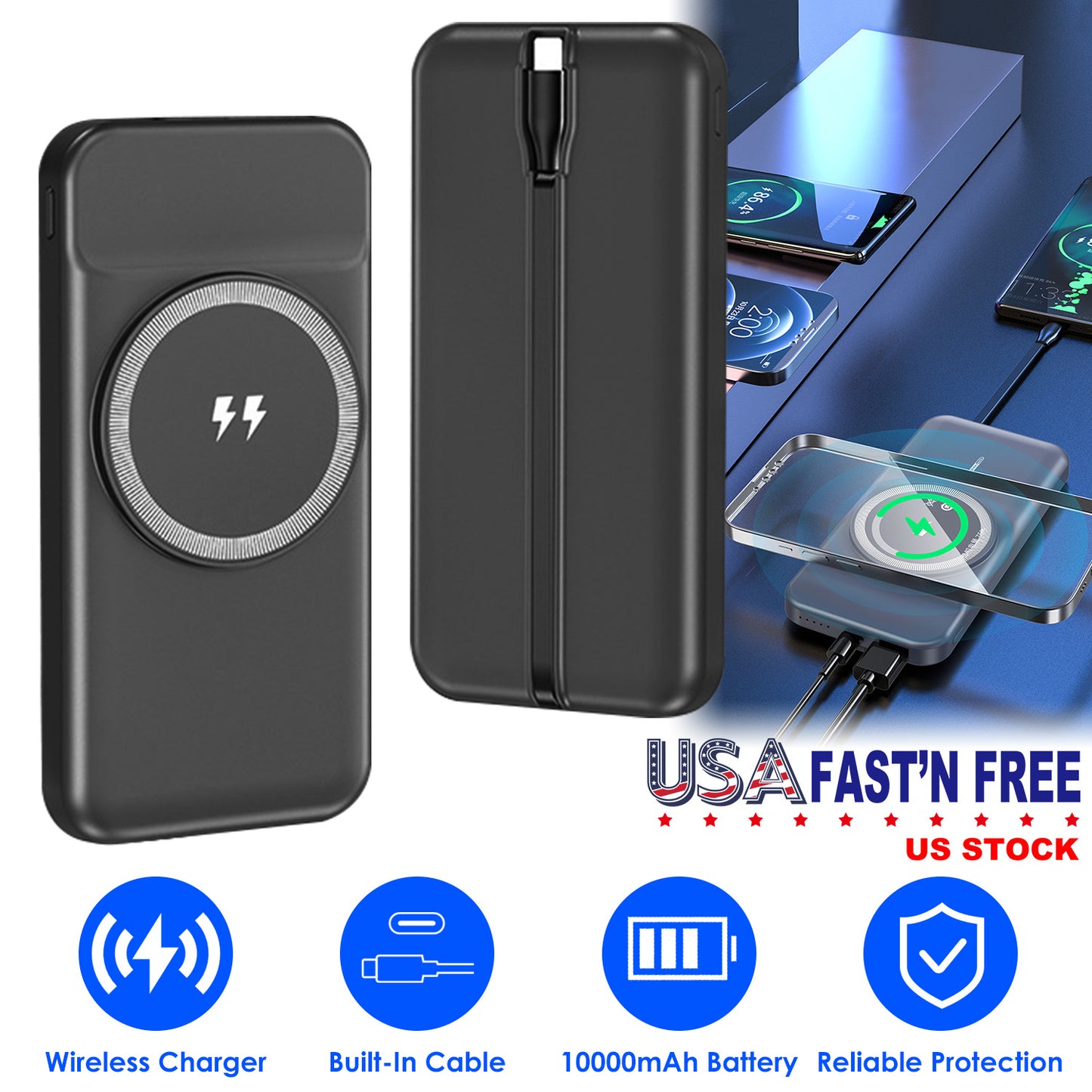 10000mAh Magnetic Wireless Power Bank with Built-In Cable