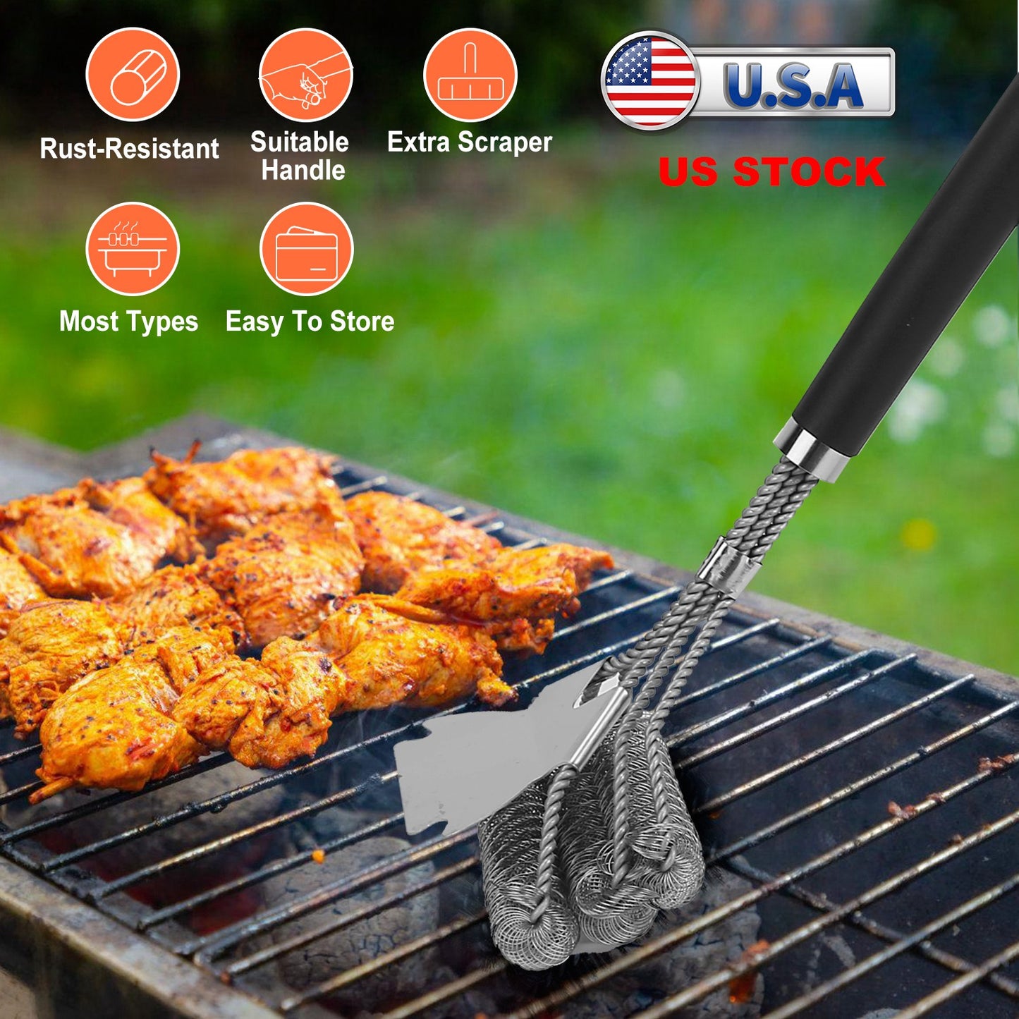 BBQ Grill Cleaning Brush with Scraper 16.5 Inch Handle
