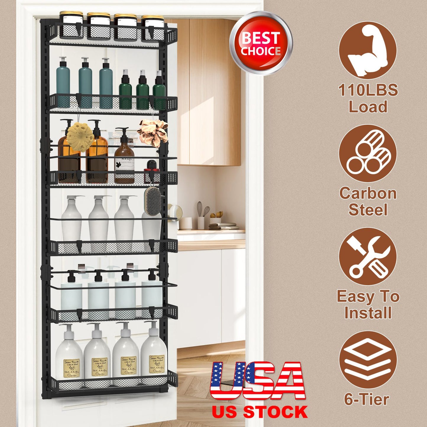 Over The Door Organizer 6-Tier Pantry Rack with 110lb Capacity