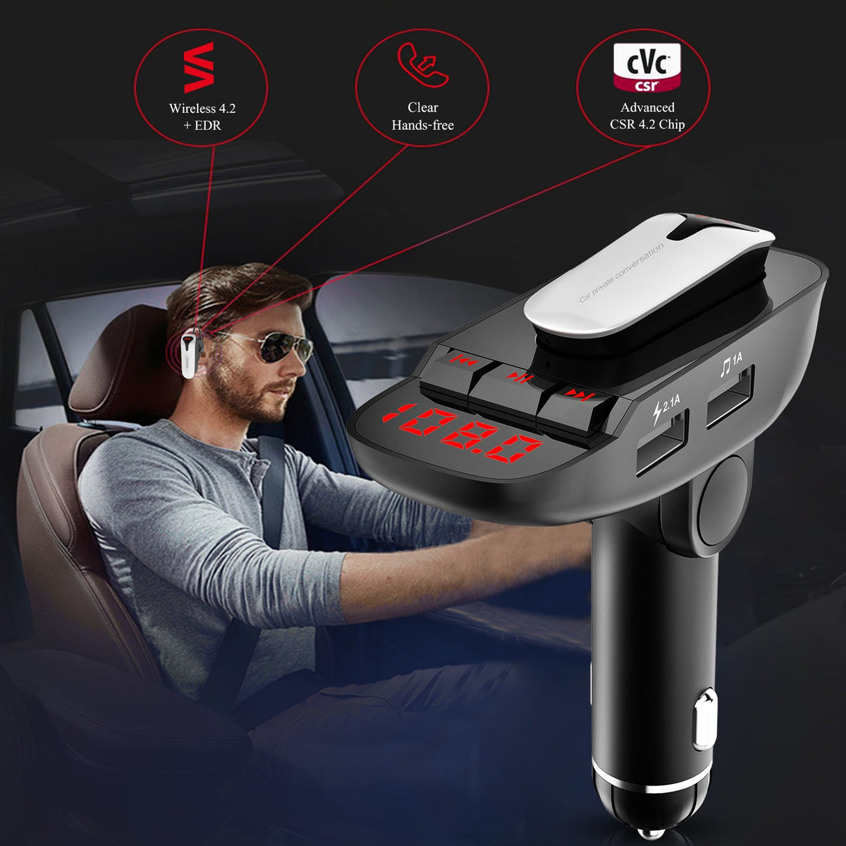 Car FM Transmitter w/ Wireless Earpiece 2 USB Charge Ports Hands-free Call MP3 Player TF Card Aux-in