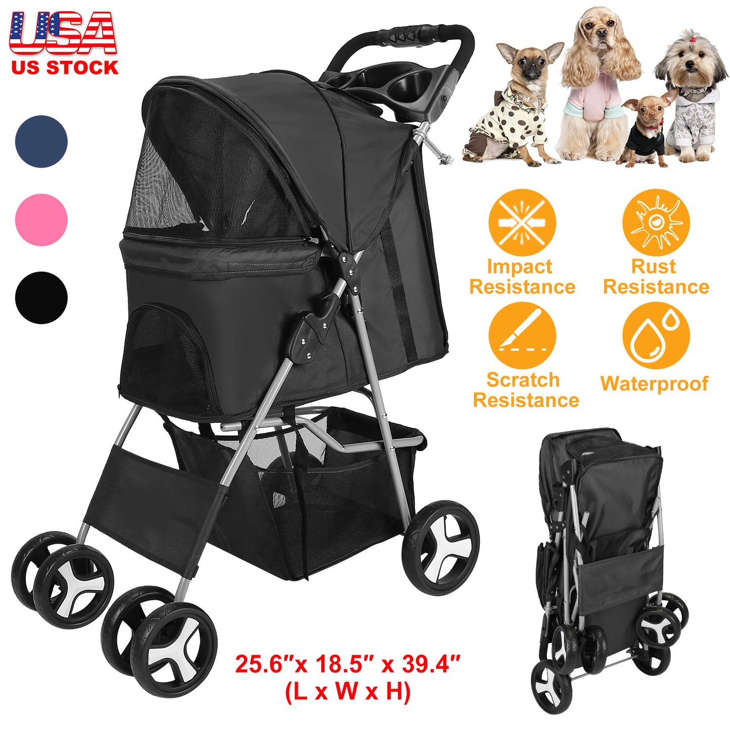 Pet Stroller with 4 Wheels - Foldable Carrier for Dogs & Cats