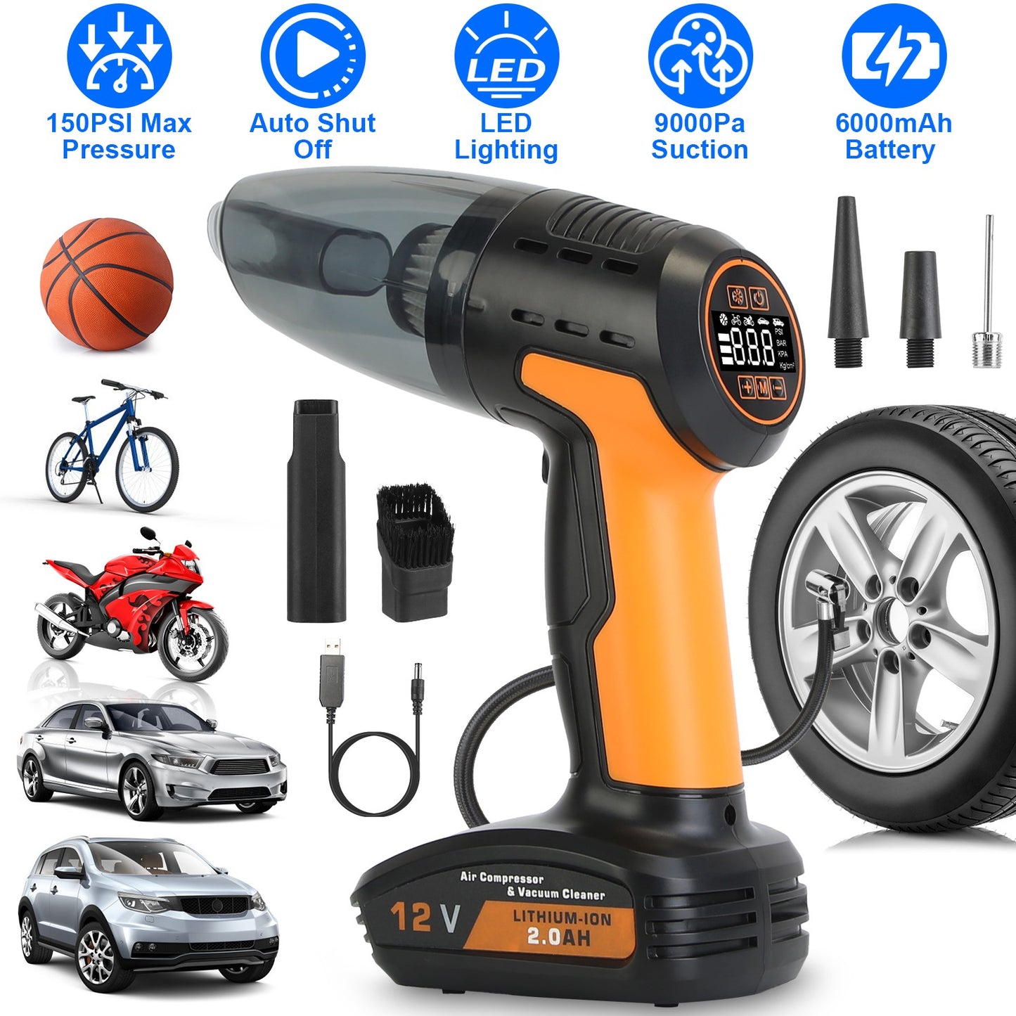 4-in-1 Cordless Car Vacuum Cleaner & Tire Inflator with LED