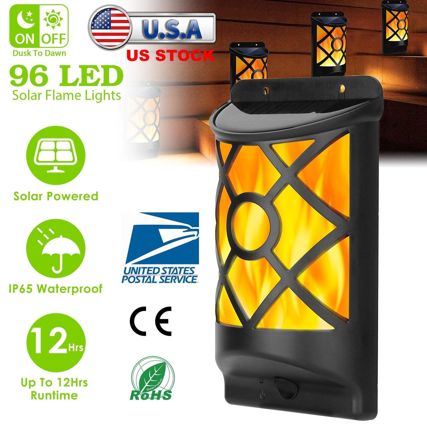 Solar Flame Wall Light with 96 LEDs - Waterproof Outdoor