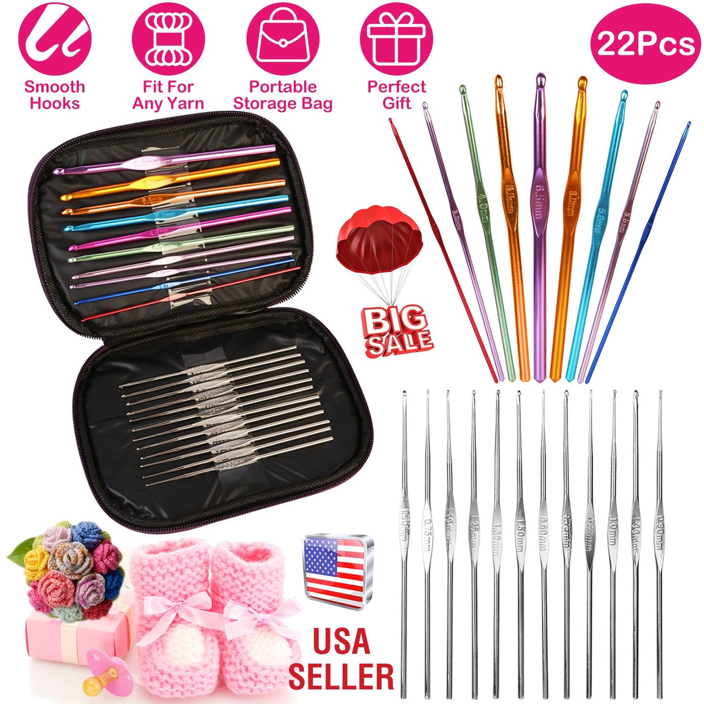 Crochet Hook Set 22-Piece with Aluminum Handles & Case