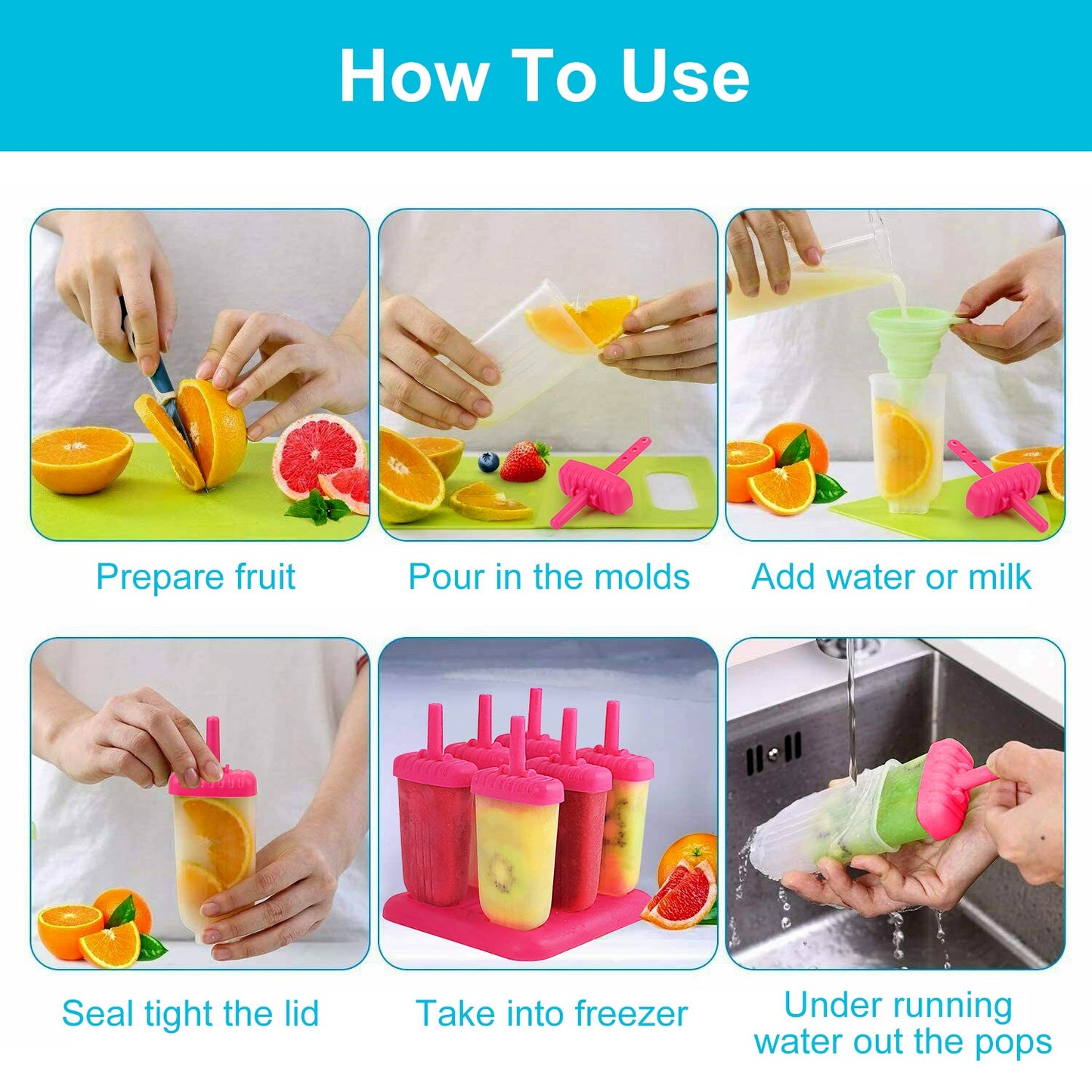 Reusable Popsicle Molds Set of 6 with Drip-Guard Handles