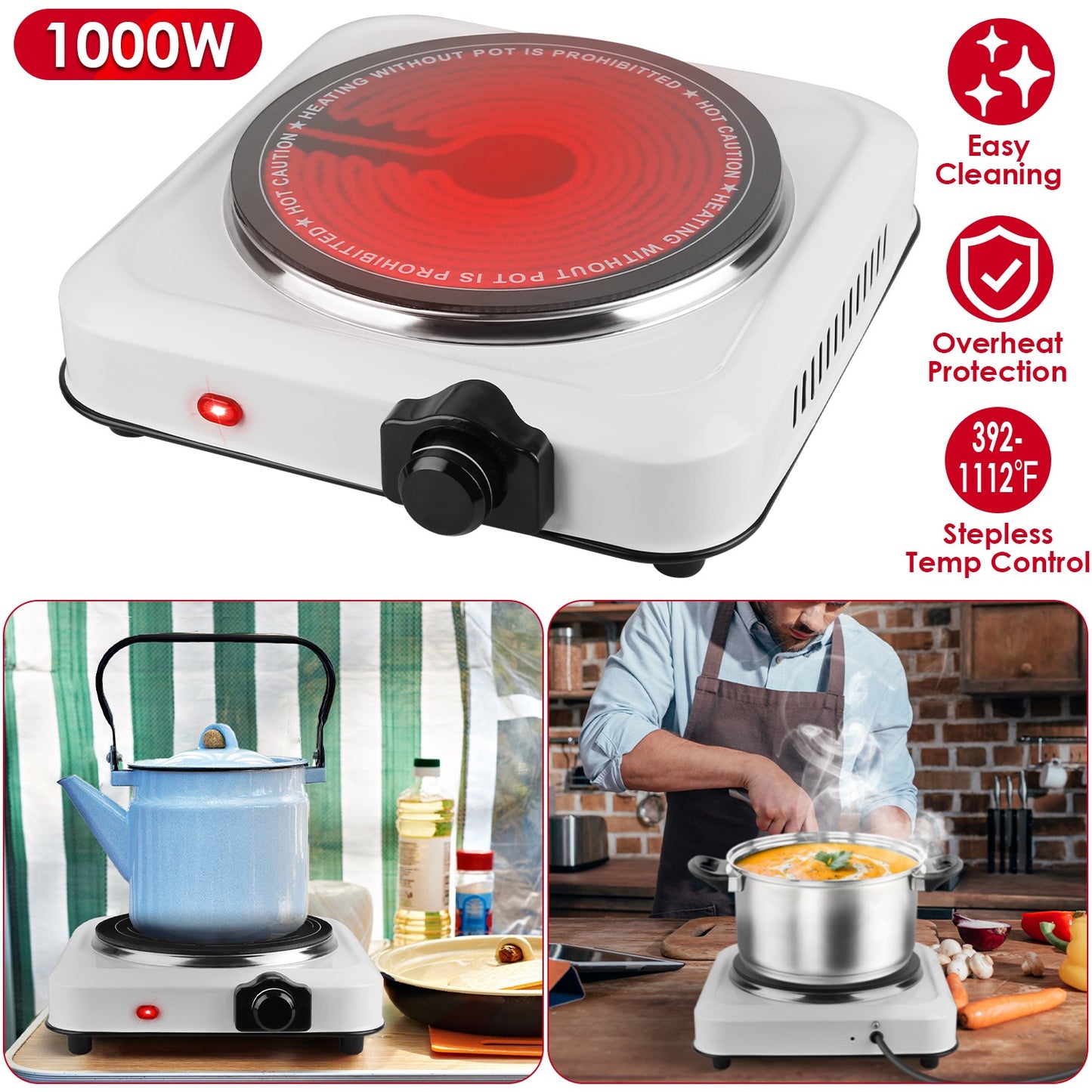 1000W Infrared Single Burner Hot Plate with Glass Cooktop