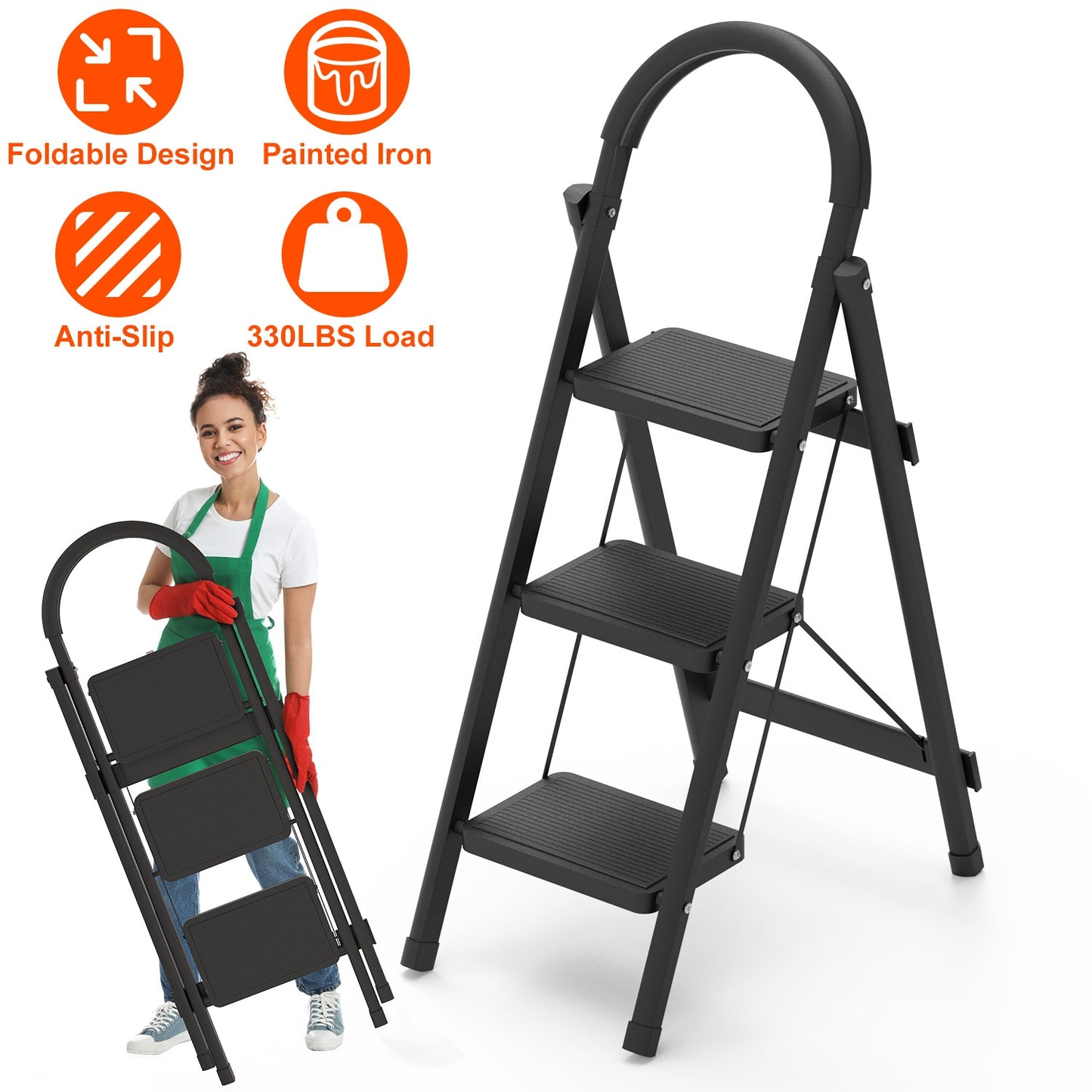 3-Step Foldable Ladder with 330 lb Capacity
