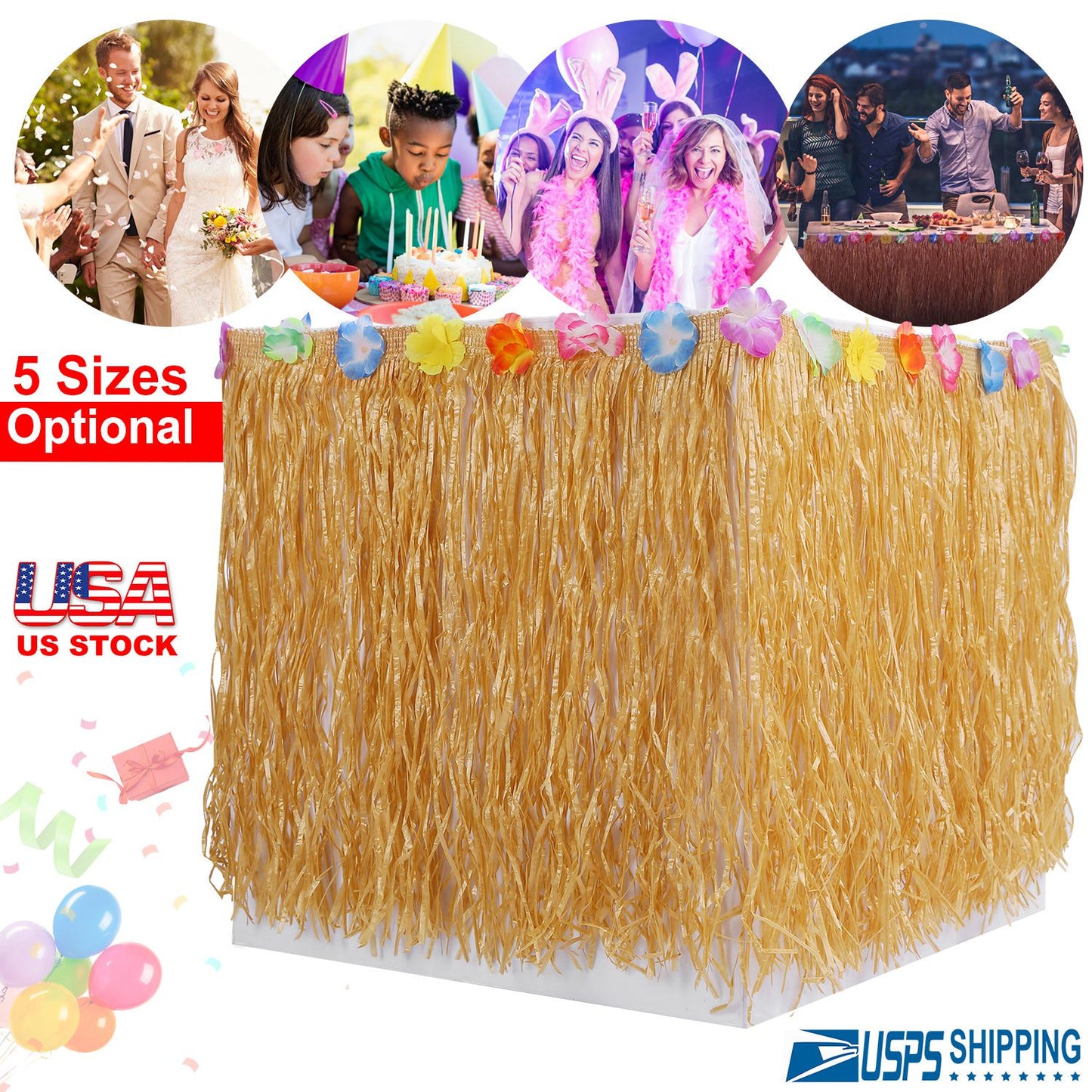 Grass Table Skirt with Hibiscus Flowers for Luau Party