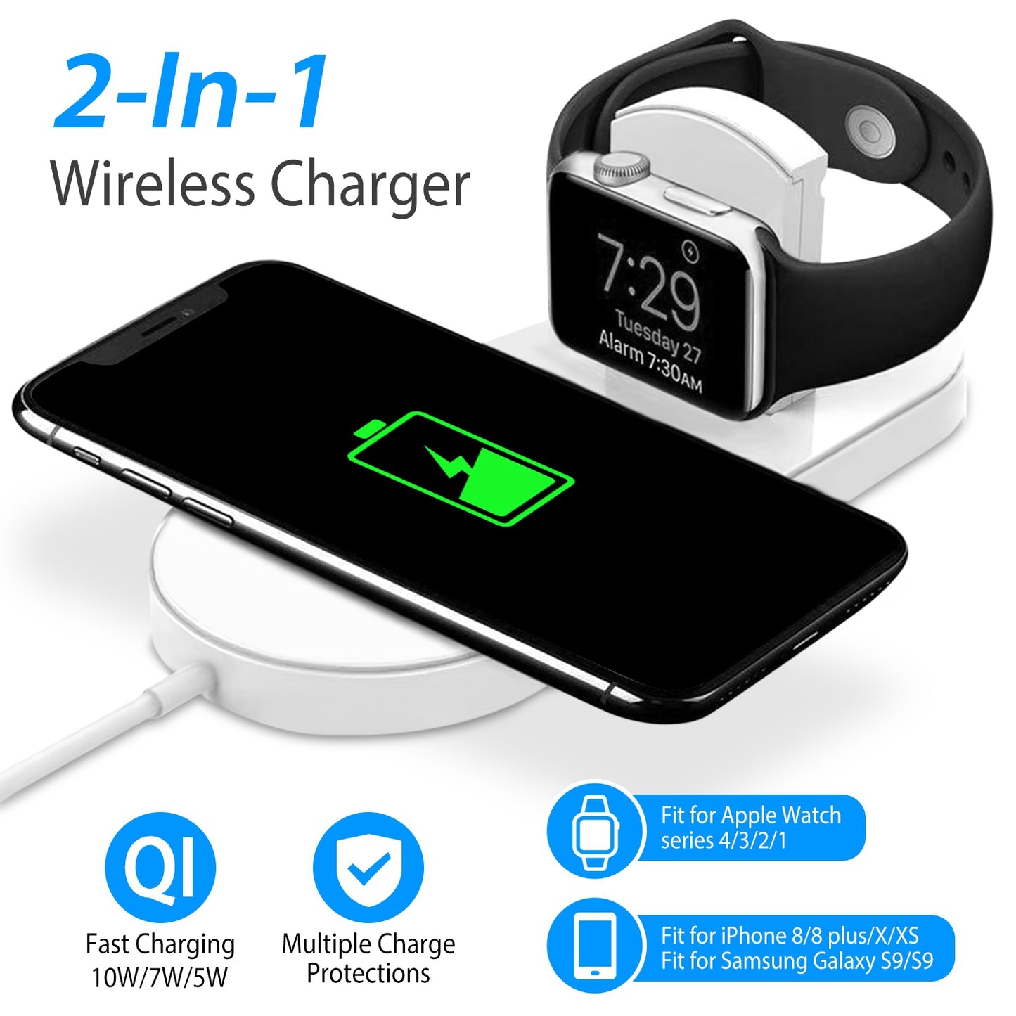 2-in-1 Wireless Charger for iPhone & Apple Watch - 10W Qi Pad