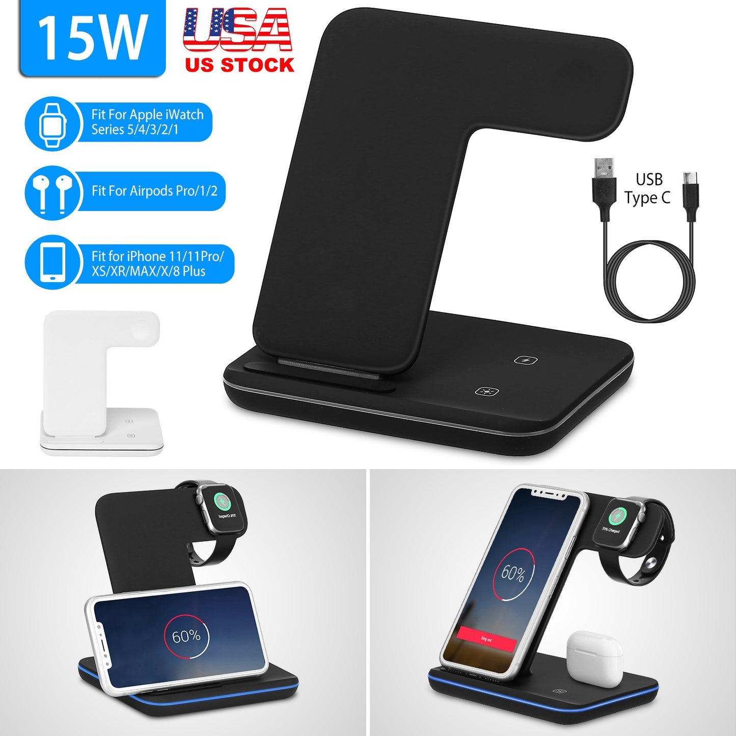 3-in-1 Wireless Charging Station 15W Fast Charge Dock