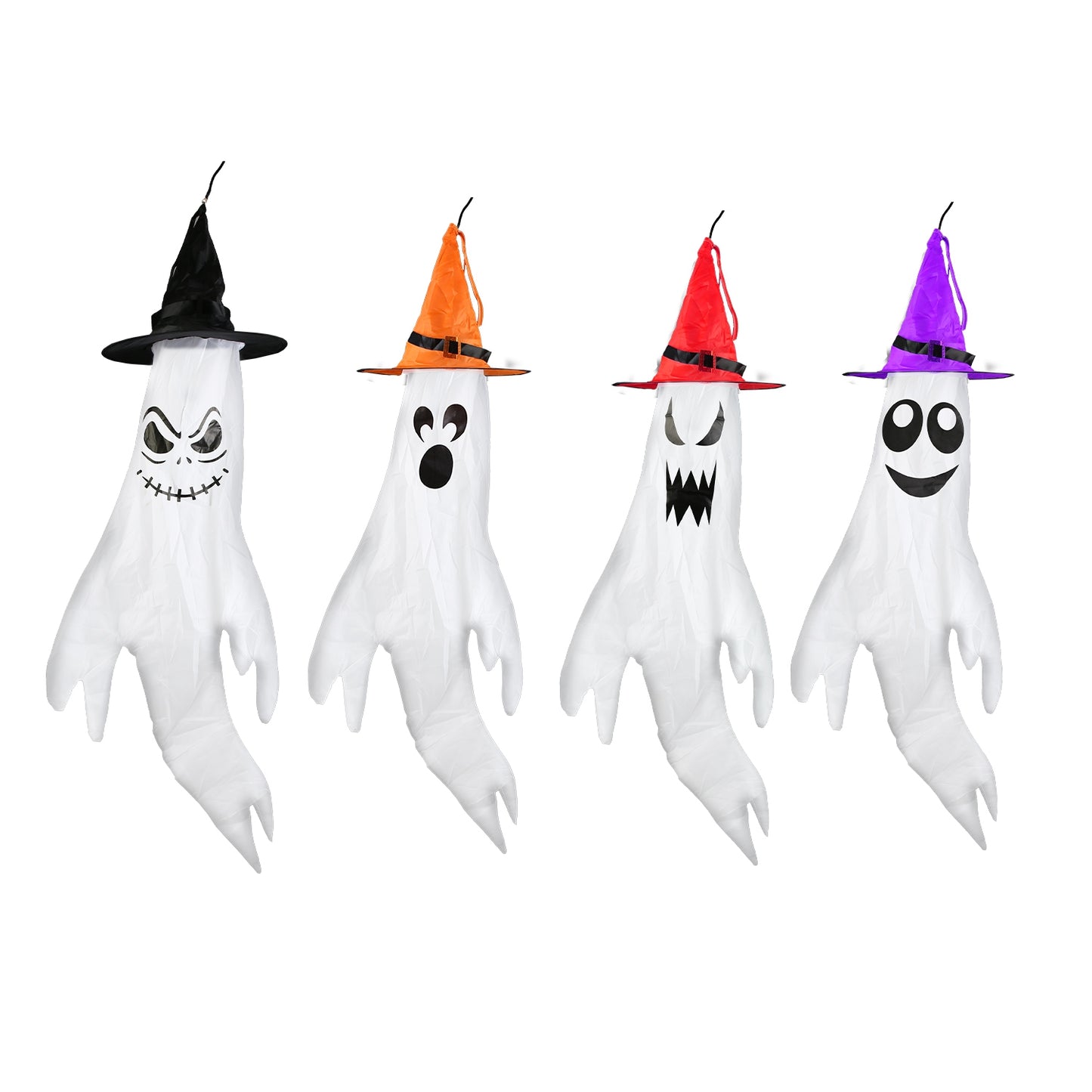 Halloween Ghost Windsocks with Witch Hats & LED Lights (4-Pack)