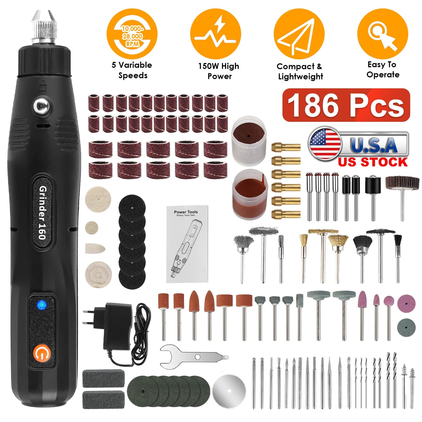 Corded Rotary Tool Set 186-Piece with 5 Variable Speeds
