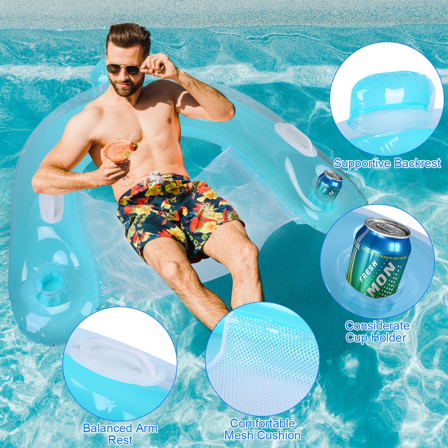 Inflatable Pool Float Chair with Cup Holders - 2 Pack