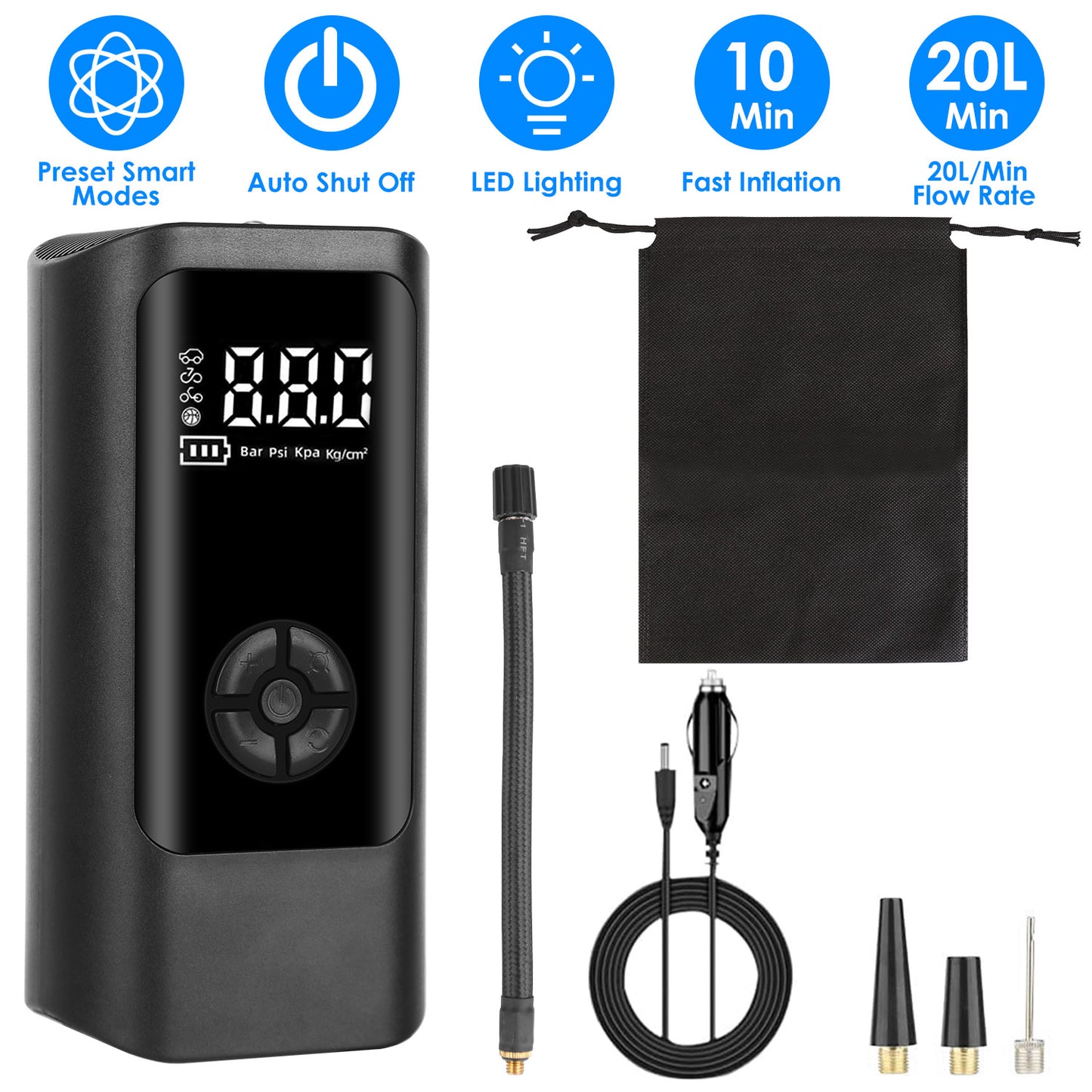 Portable Car Tire Inflator with LED Light & Digital Display