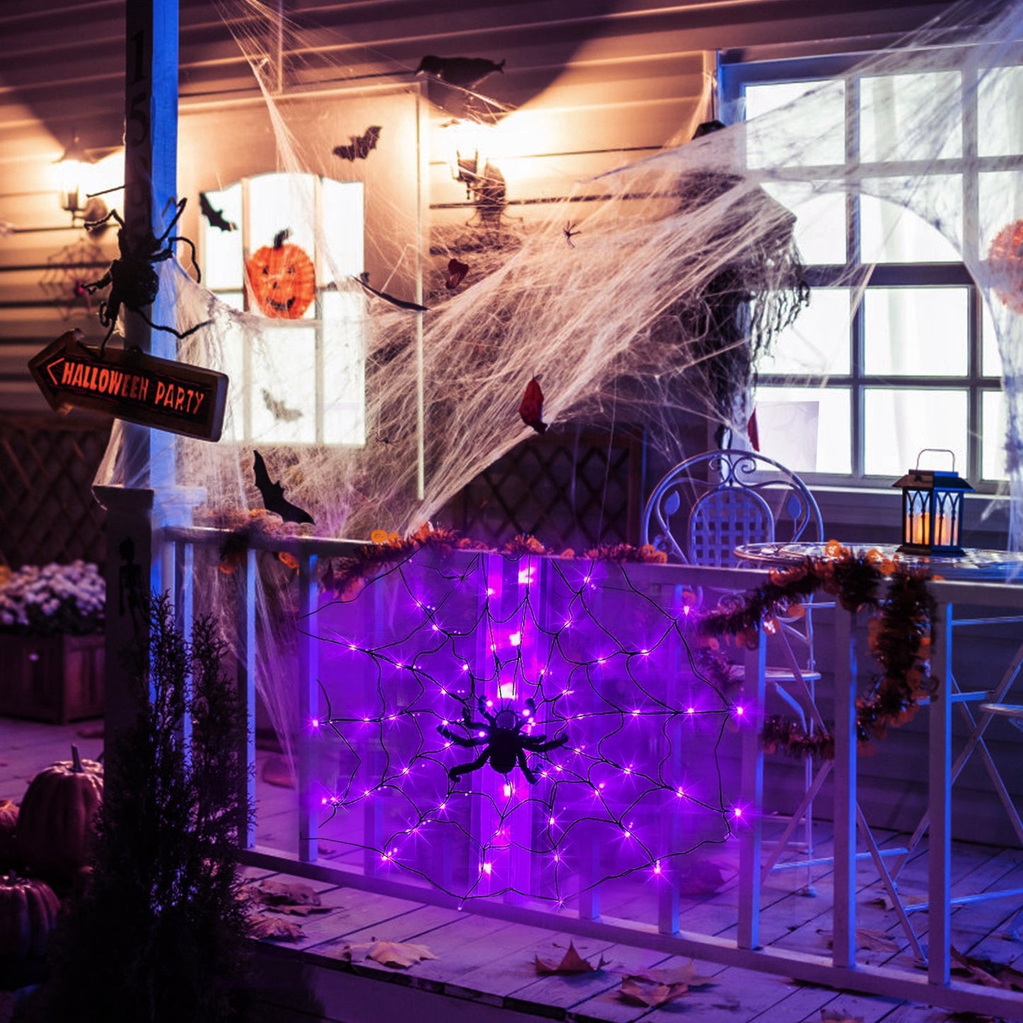 Spider Web Light with Hairy Spider - 70 LED Halloween Decoration