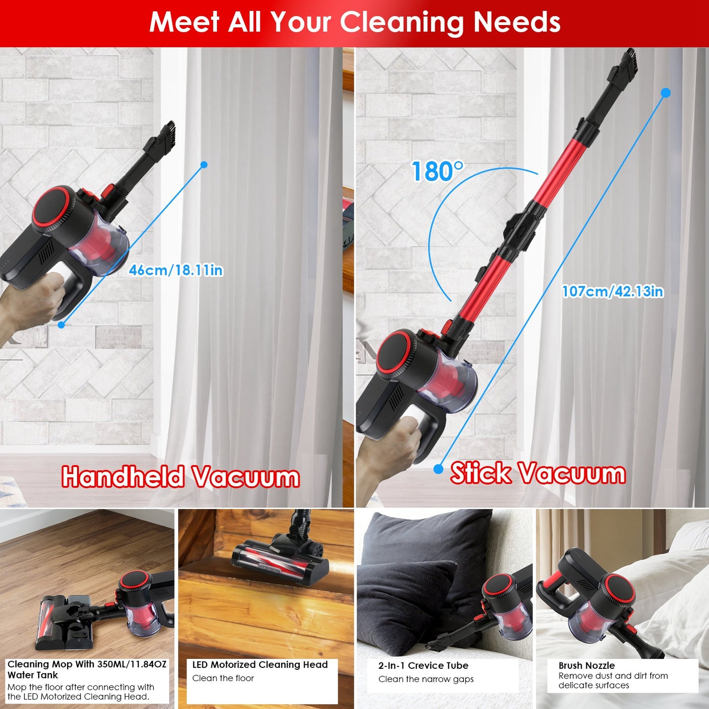 Cordless Stick Vacuum Cleaner with 12000PA Suction & LED Light