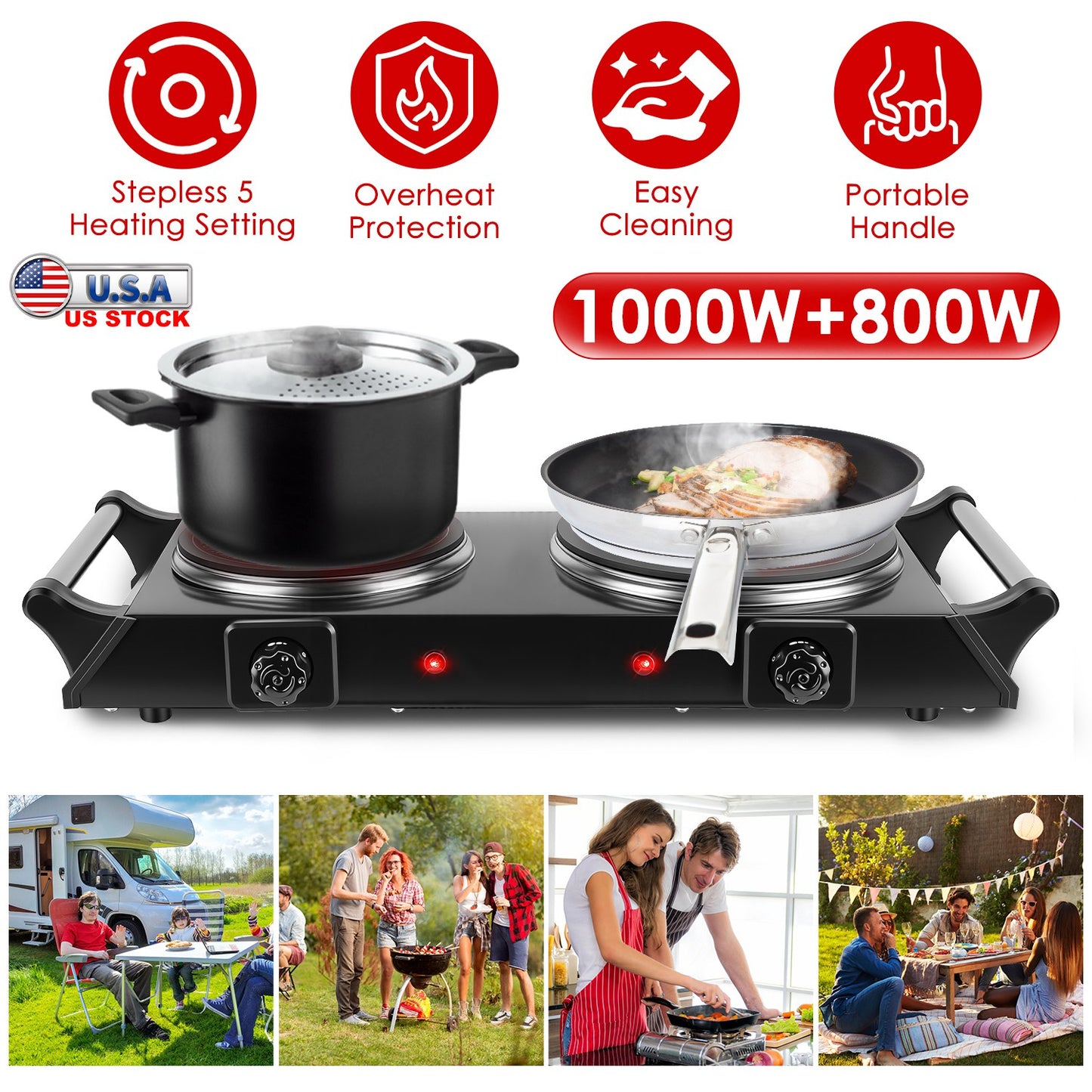 Electric Double Burner Hot Plate with Adjustable Temperature