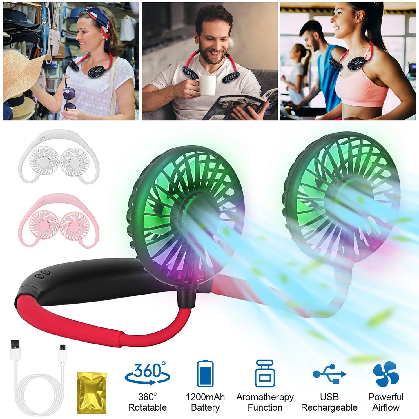 Neck Hanging Fan USB Rechargeable with Aromatherapy & LED