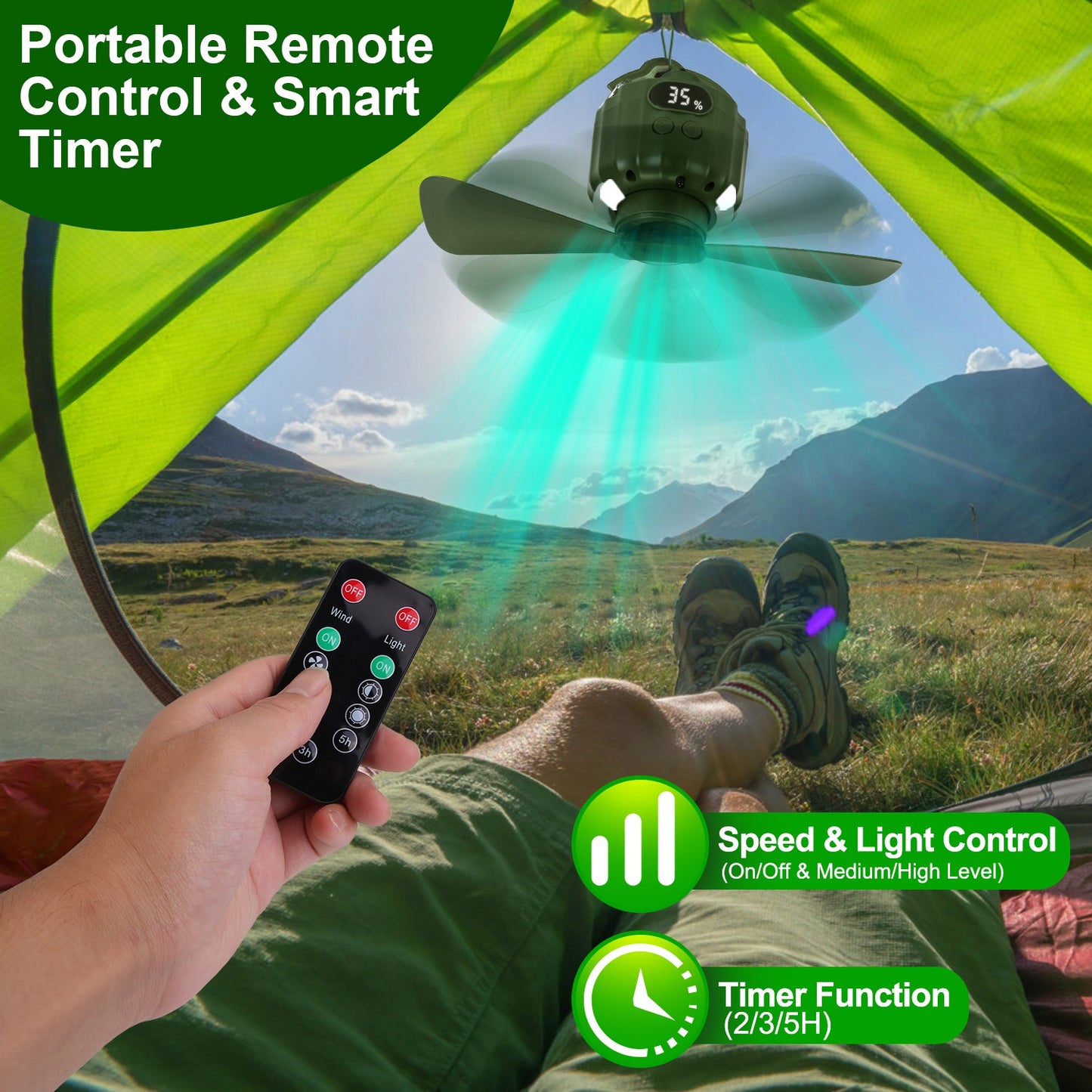 Portable Camping Ceiling Fan with LED Light & Power Bank