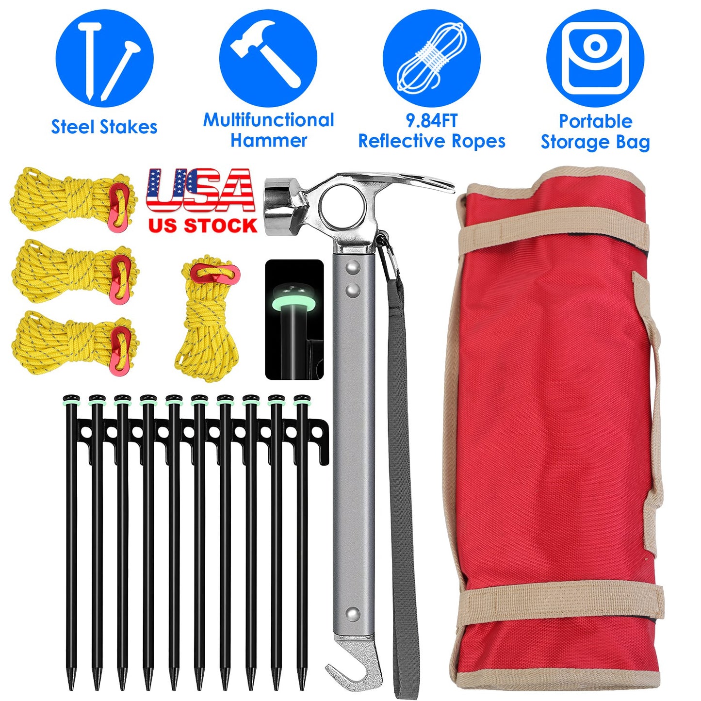 Tent Stakes Kit with Hammer and Reflective Ropes - 10 Stakes