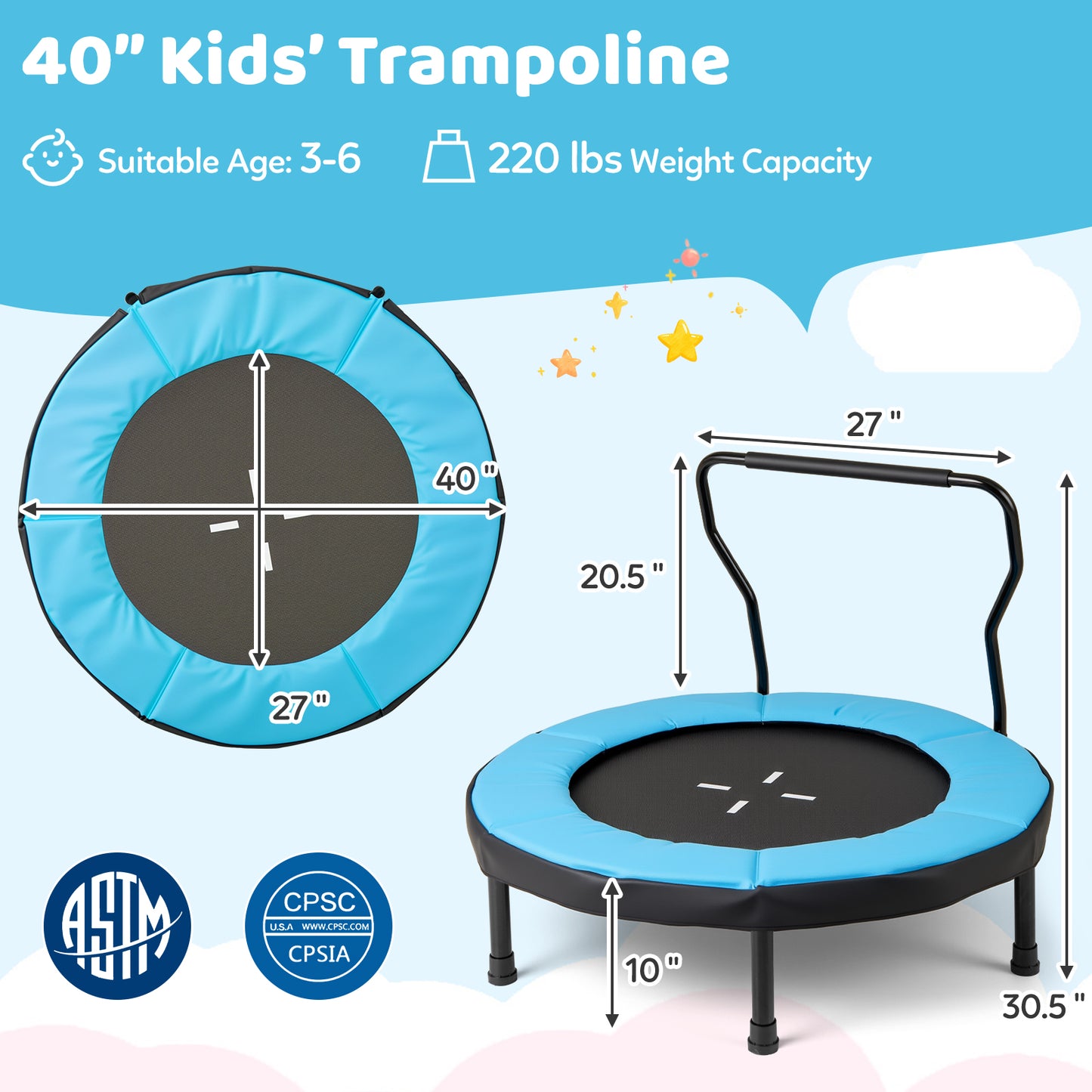 40-Inch Kids Trampoline with Adjustable Handlebar